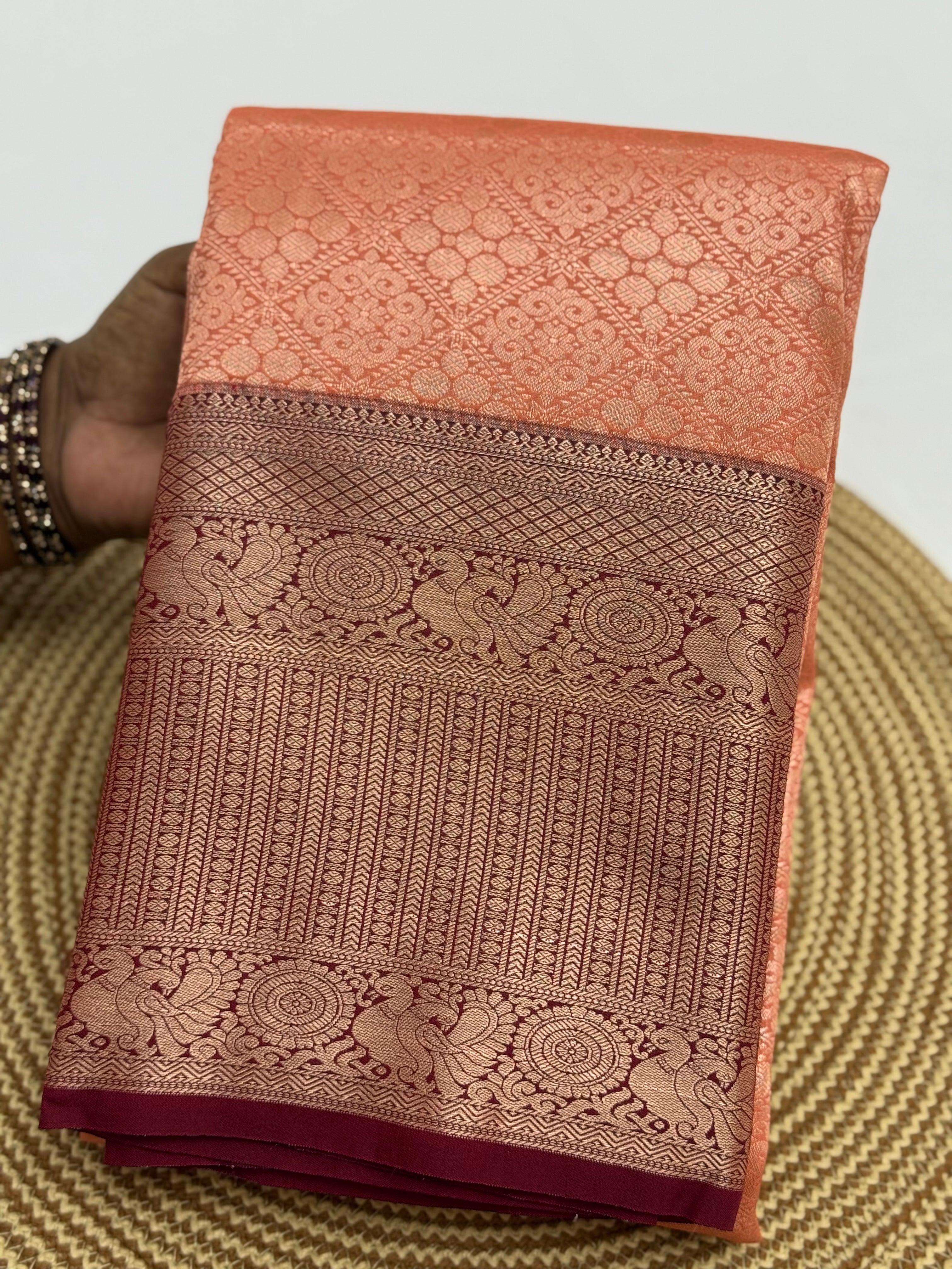 PREMIUM SEMI BROCADE SILK SAREE - CORAL
