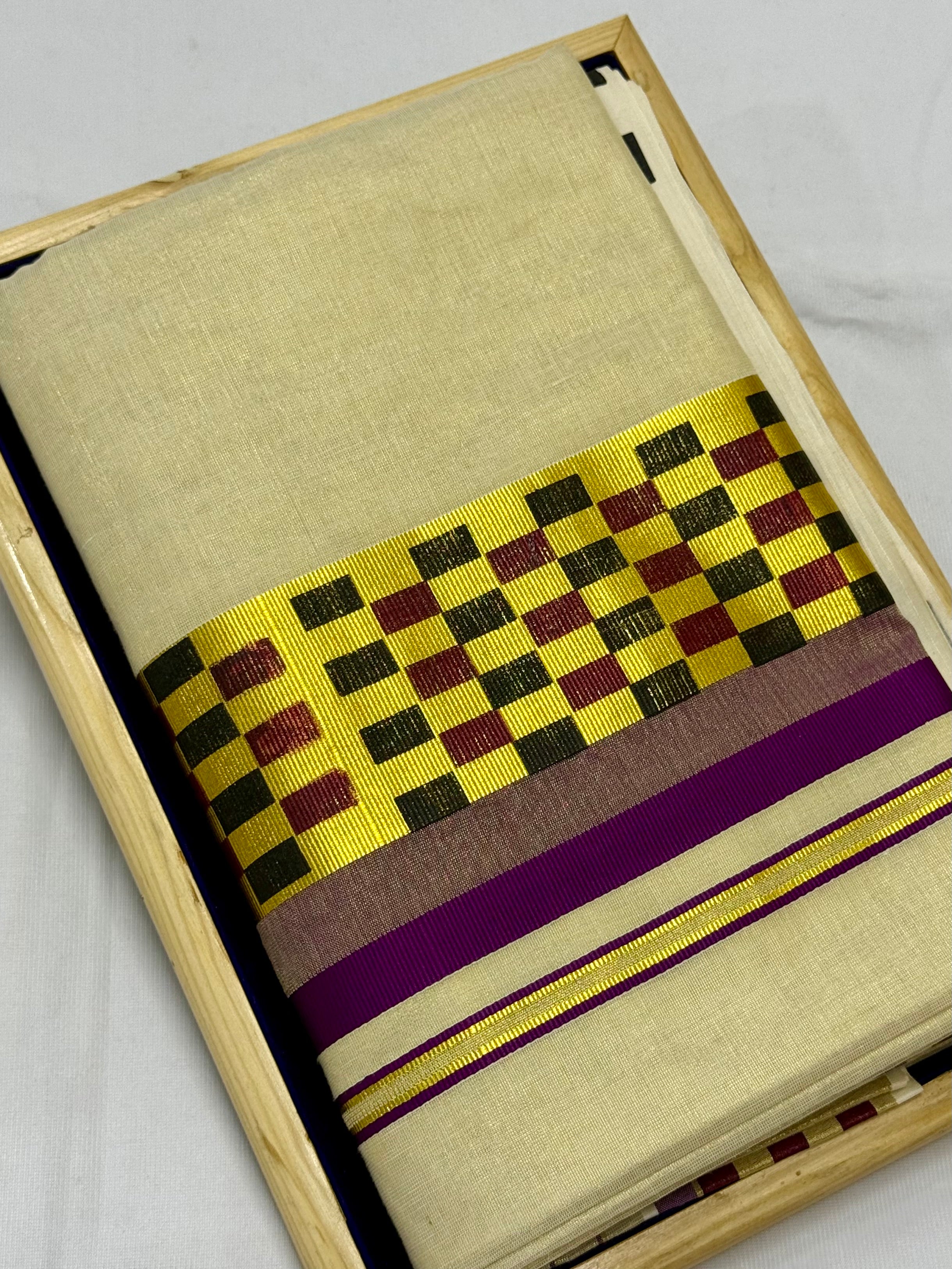 MULTICOLOUR CHECKS PATTERN KASAVU TISSUE SAREE - (PURPLE,GOLD,CREAM)