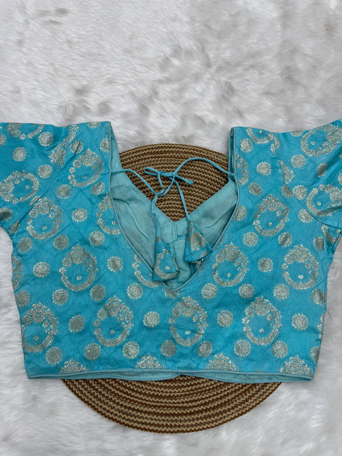 DESIGNER BROCADE WORK READYMADE BLOUSE - TURQUOISE