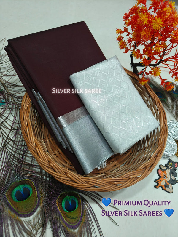 SILVER BORDER PLAIN SILK COTTON SAREE - BROWN