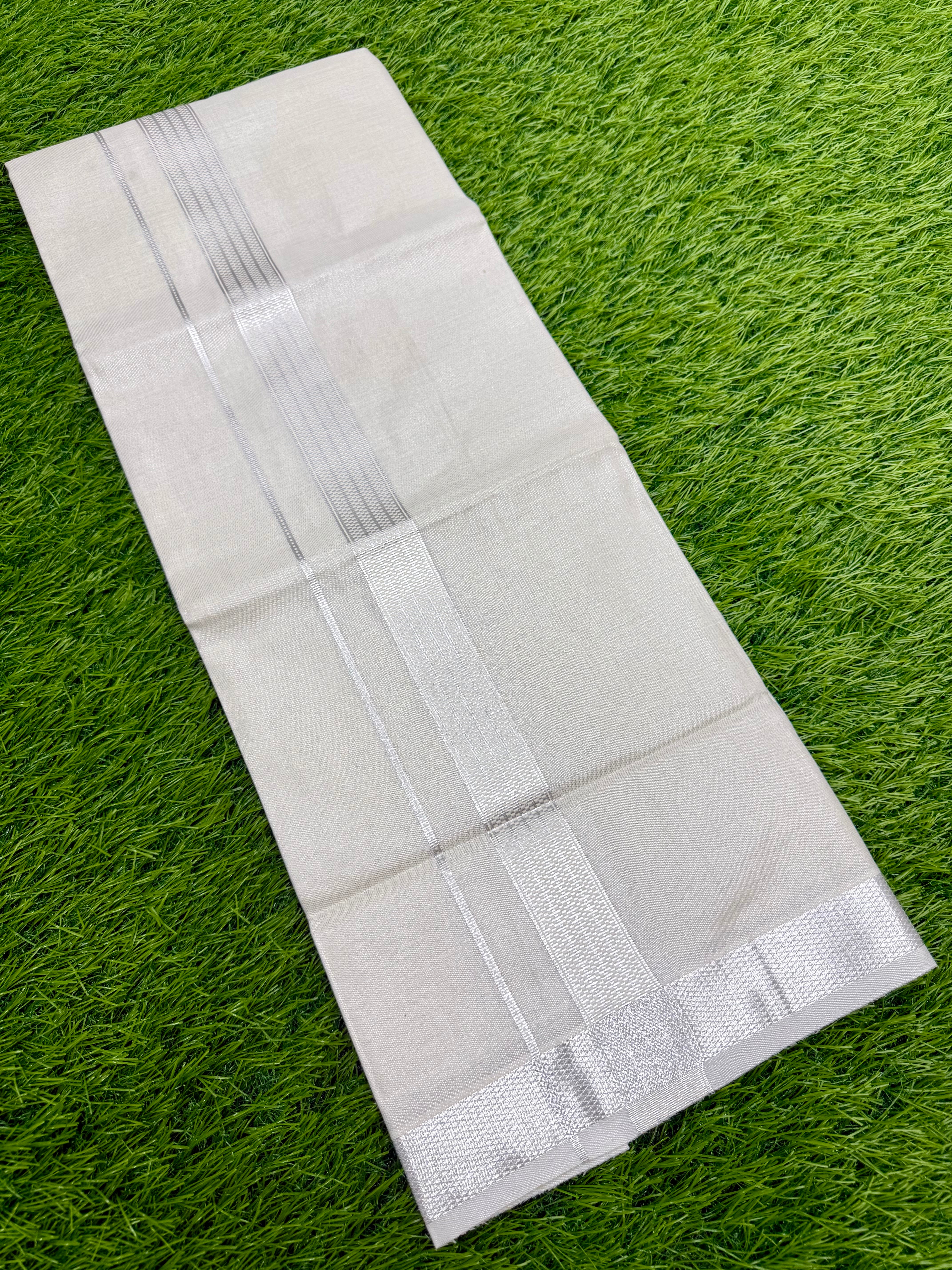 MEN'S PREMIUM TISSUE DOUBLE DHOTI WITH SILVER ZARI BORDER 1''