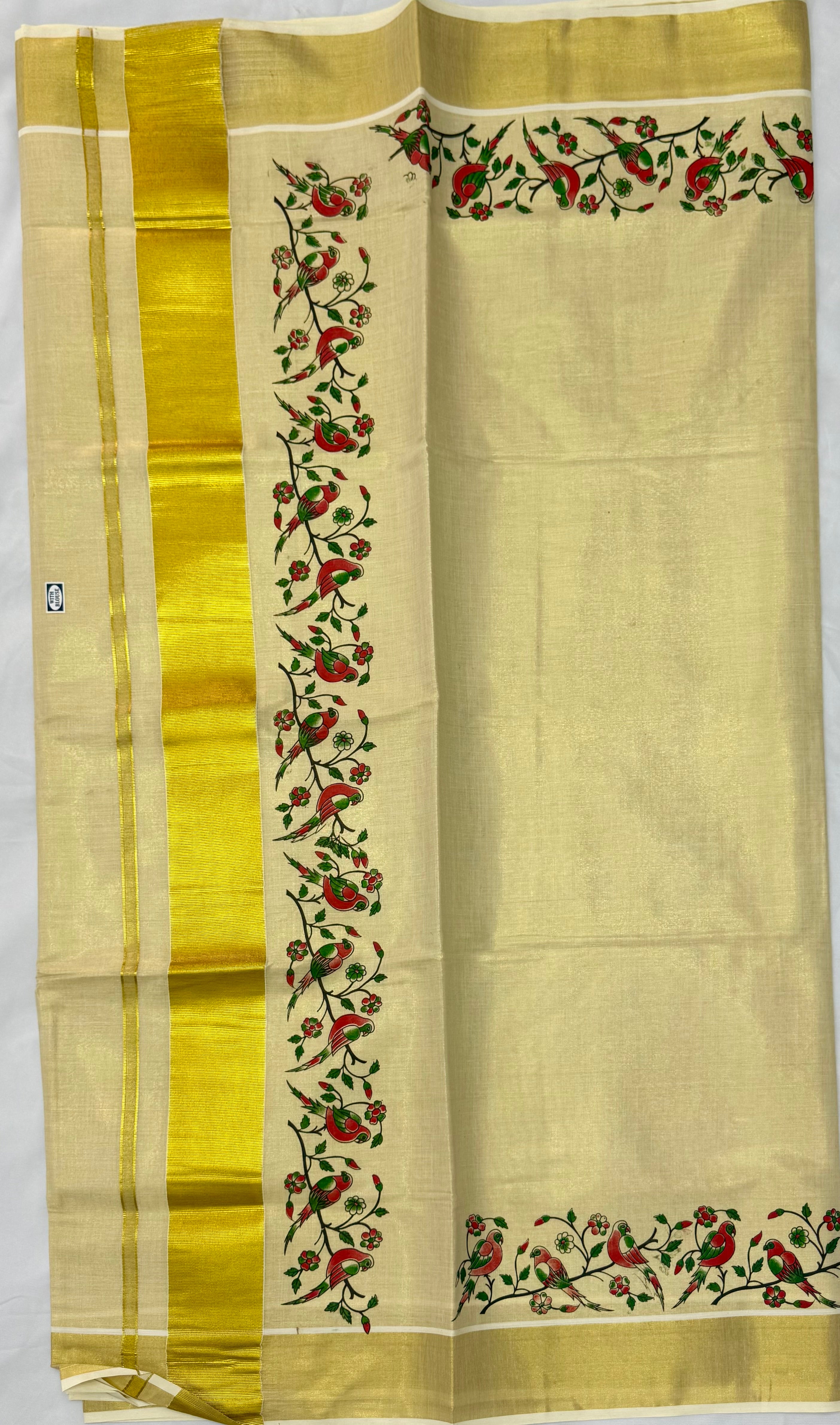 MURAL ART KASAVU TISSUE KERALA SAREE (GOLD,CREAM)