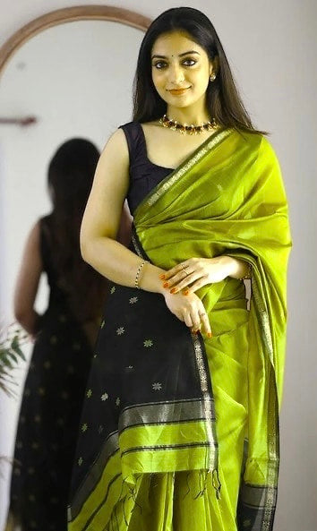 MAHESHWARI COTTON SILK SAREE - LIME GREEN