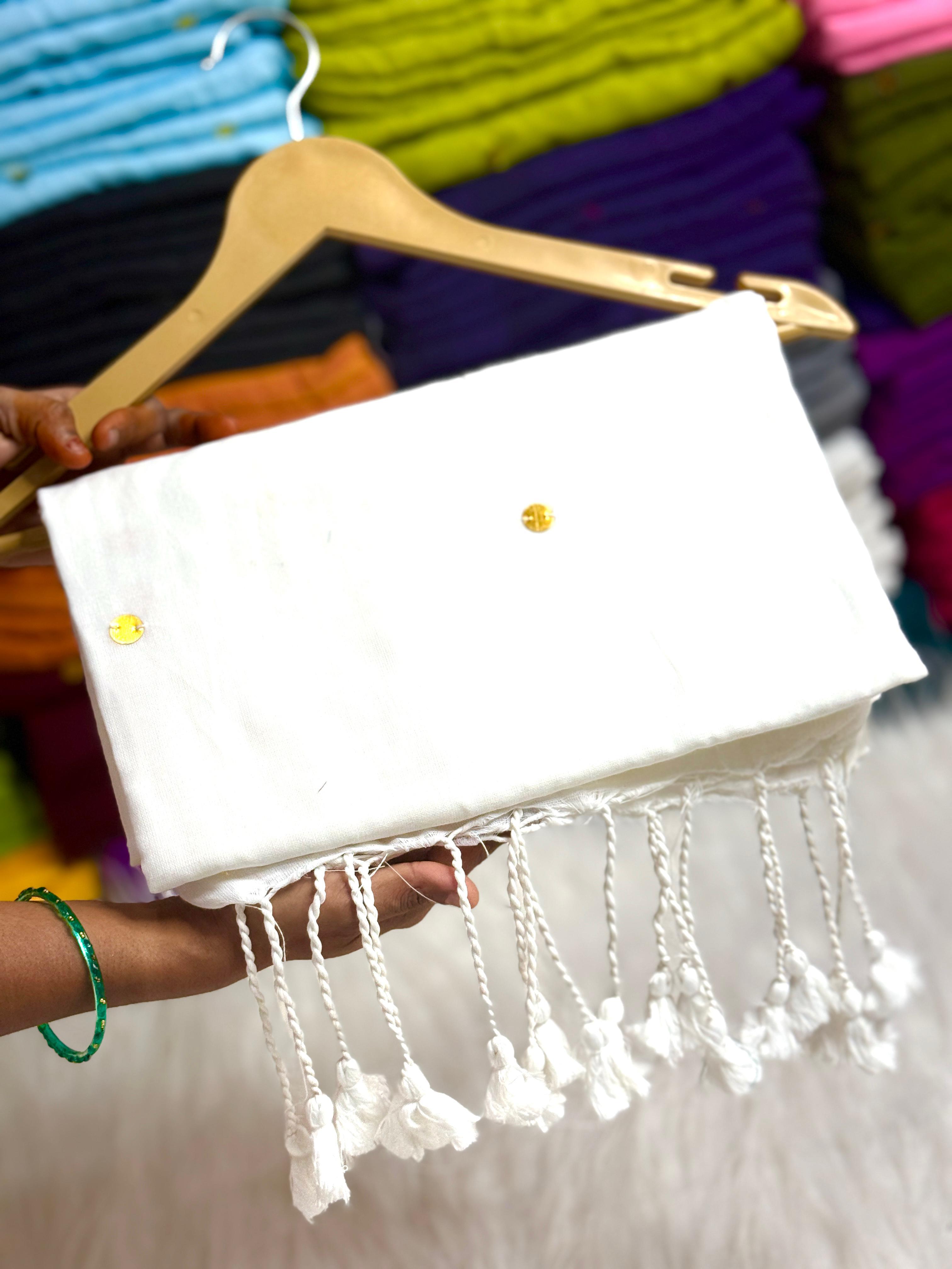 PURE KHADI MIRROR WORK COTTON SAREES - WHITE