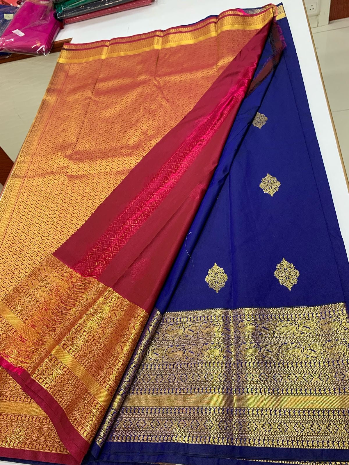 SEMI KANCHI SILK SAREE - NAVY BLUE & RED