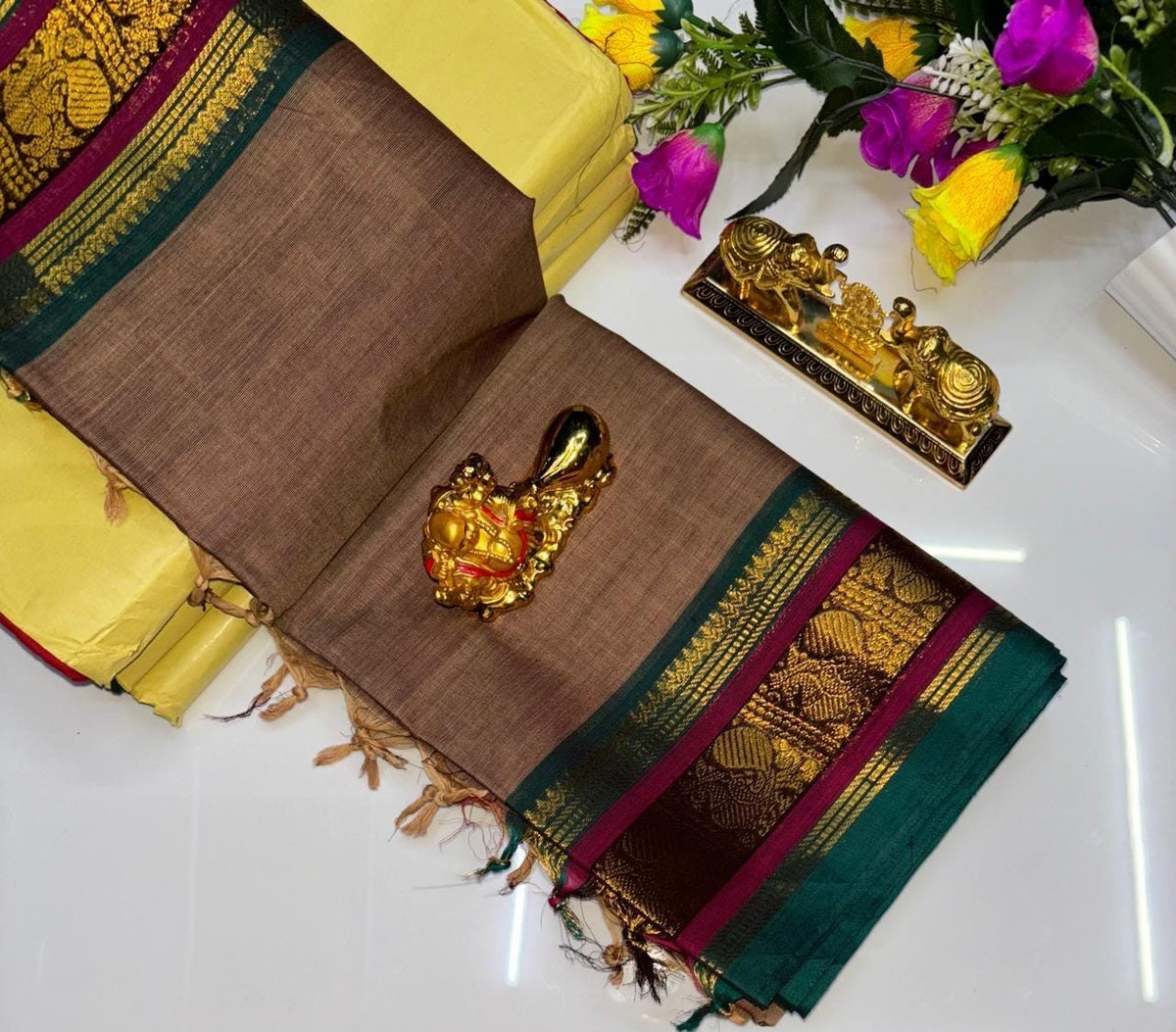 PURE KANCHI COTTON SAREES - TAUPE BROWN
