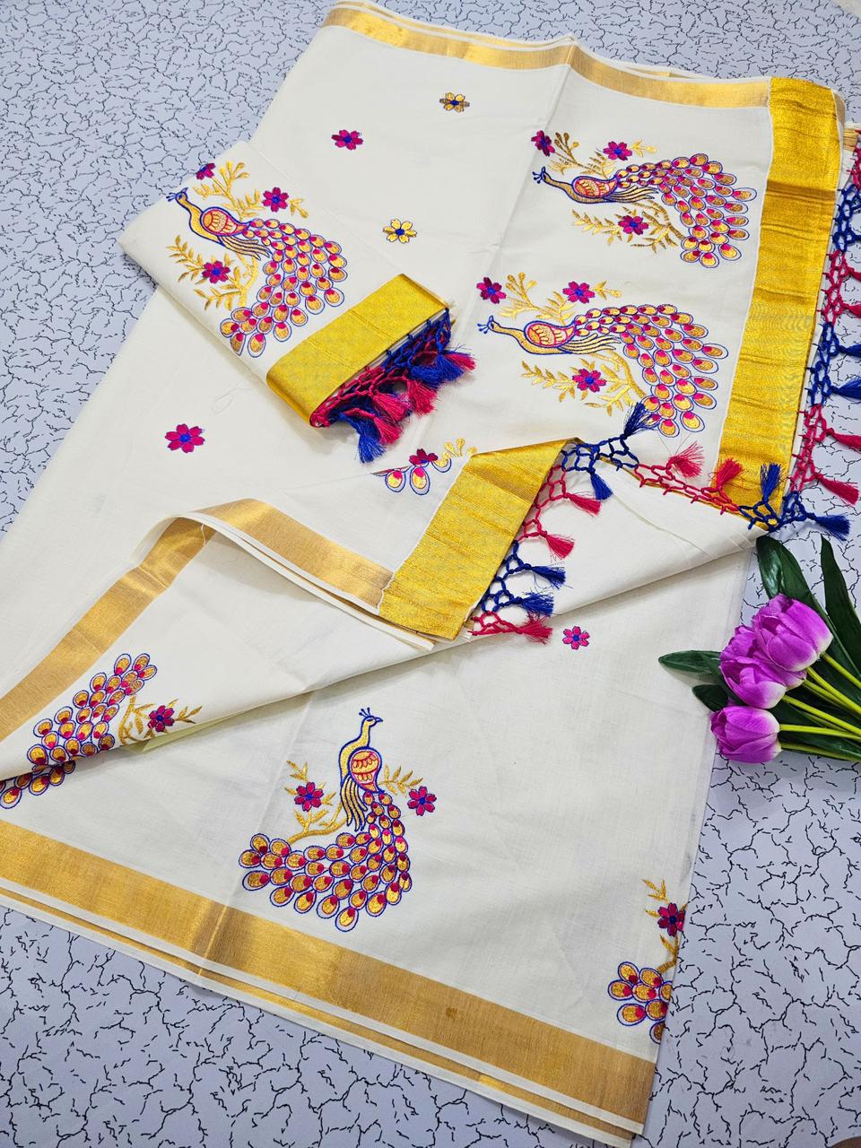 KERALA KASAVU EMBROIDERED COTTON SAREE - GOLD