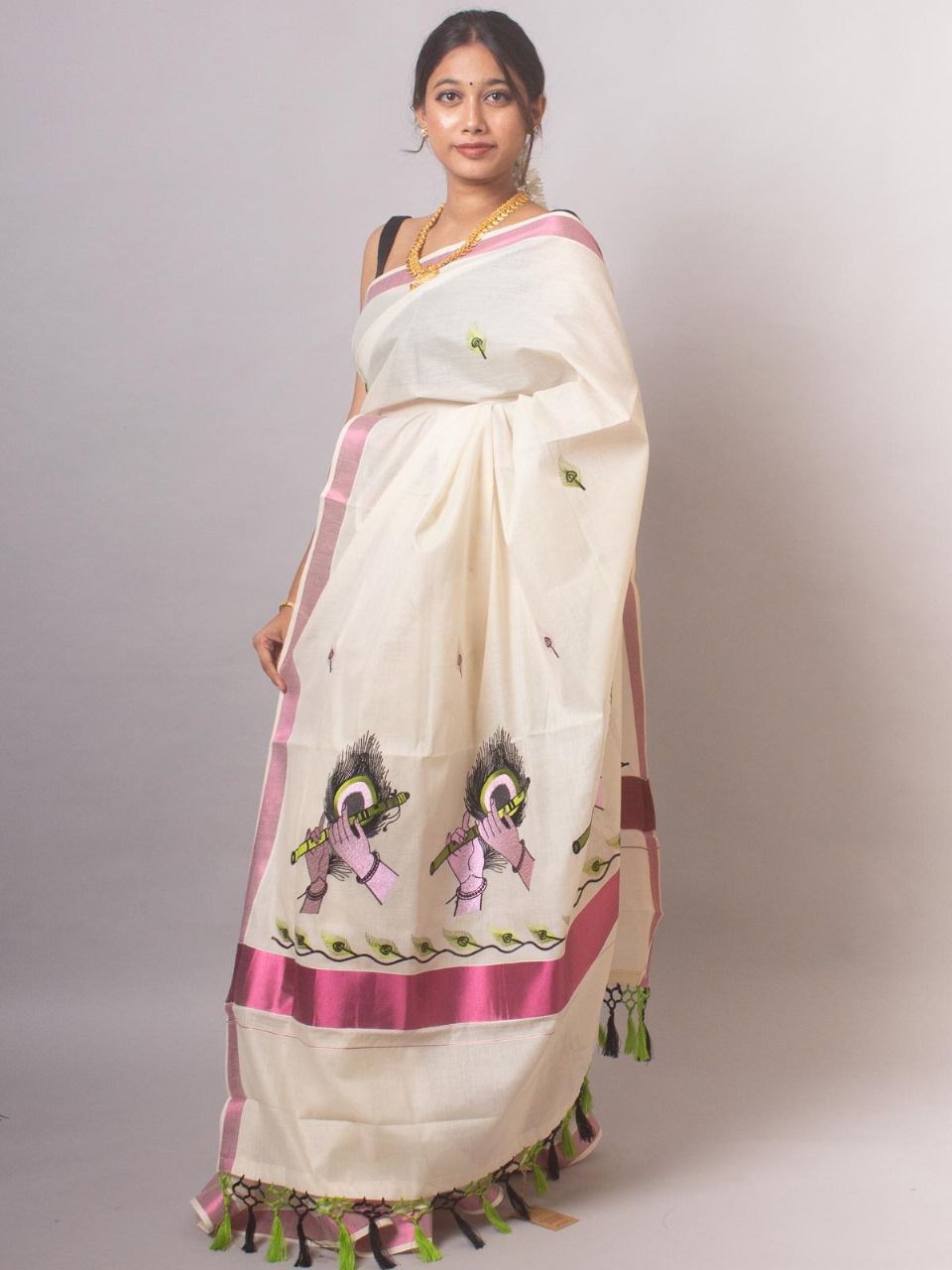 KERALA KASAVU EMBROIDERED COTTON SAREE - PINK COPPER