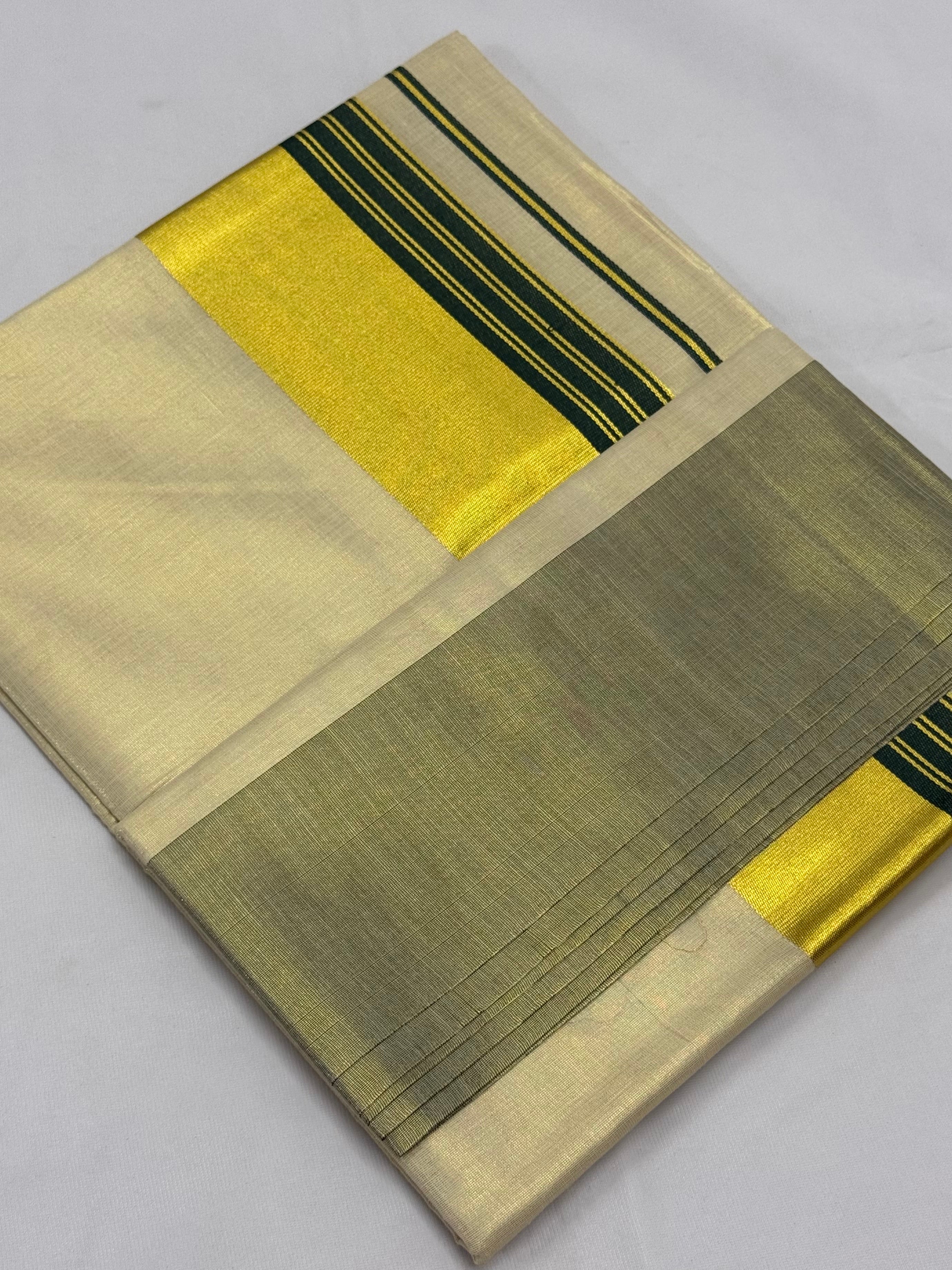PREMIUM KERALA KASAVU TISSUE STRIPES SAREE - (CREAM,GOLD,GREEN