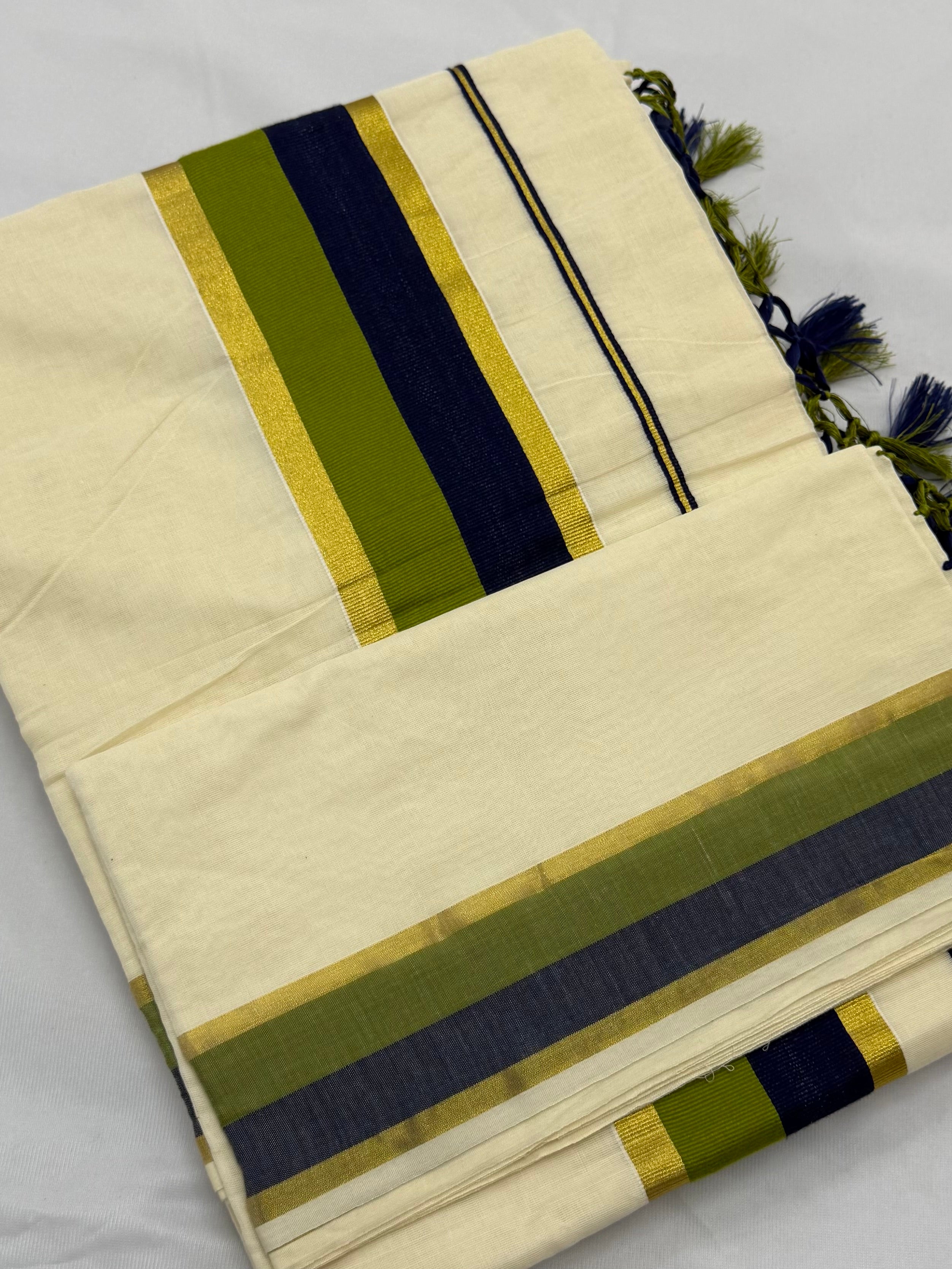 MULTI COLOUR STRIPES GOLDEN KASAVU COTTON SAREE - (OFF WHITE,GOLD)