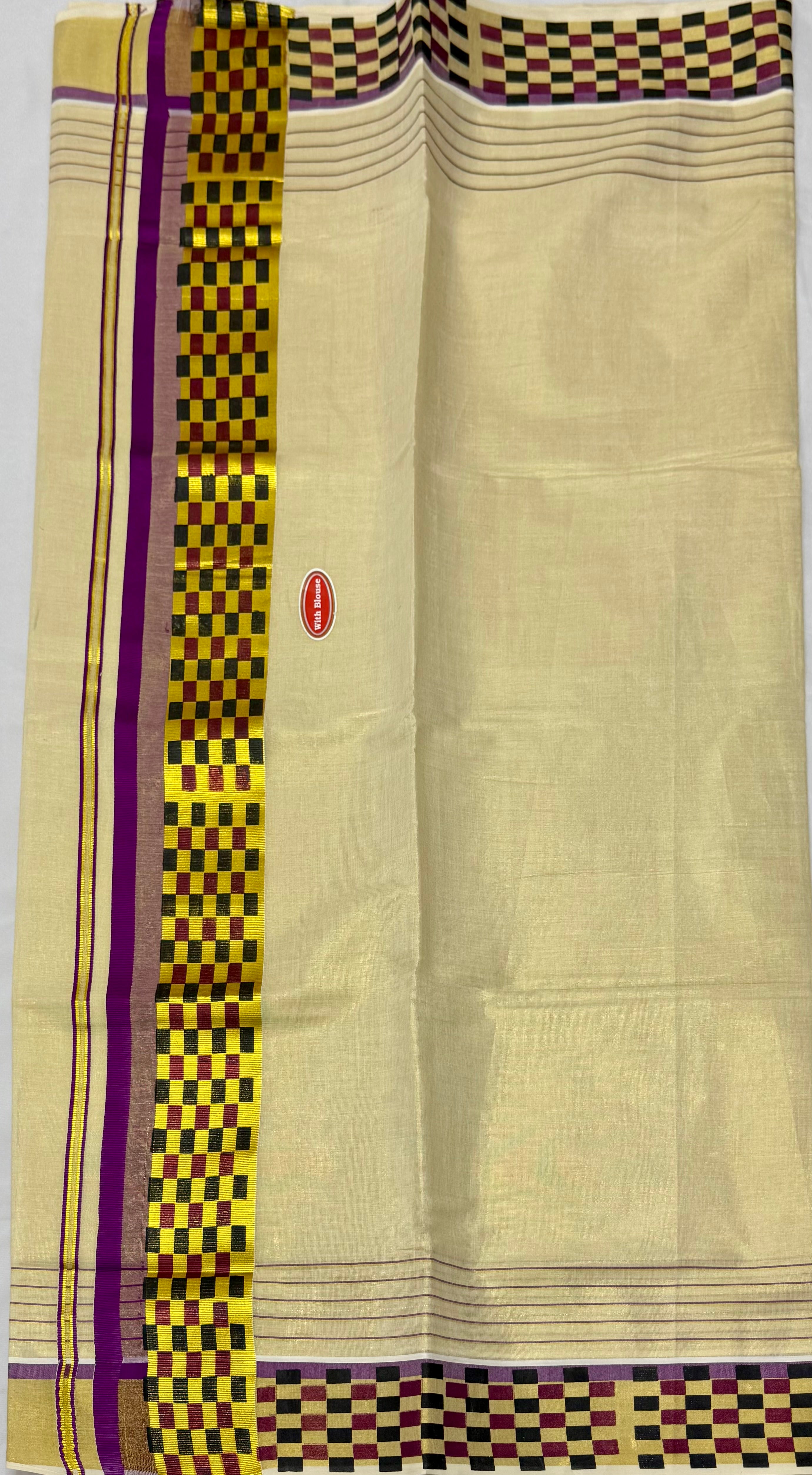MULTICOLOUR CHECKS PATTERN KASAVU TISSUE SAREE - (PURPLE,GOLD,CREAM)
