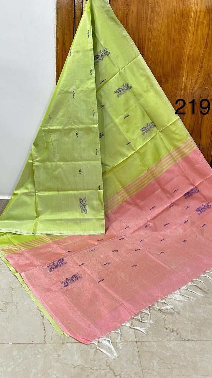 HANDLOOM BANANA PITH SILK SAREE - PINK & GREEN