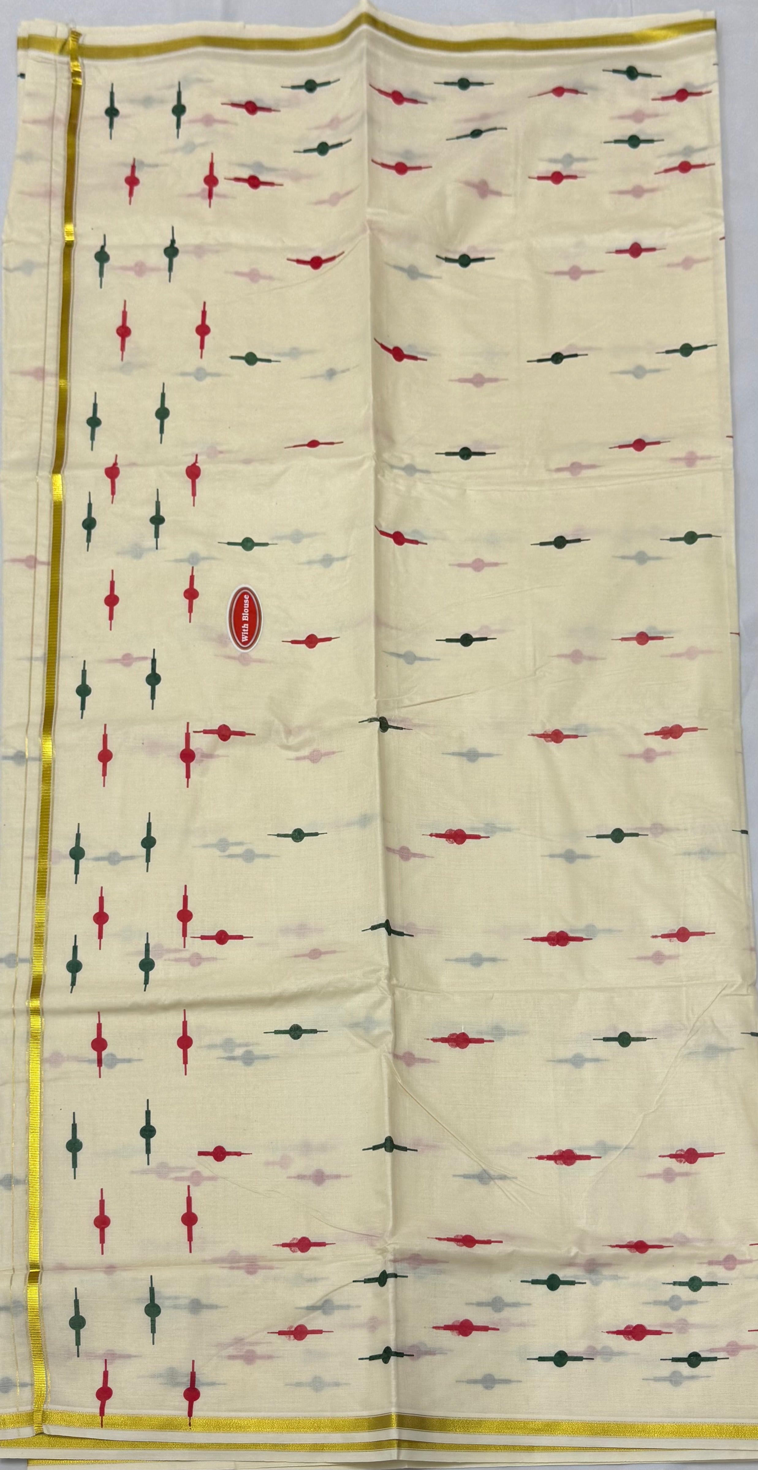 TRADITIONAL PRINTED KASAVU COTTON SAREE (OFF WHITE,GOLD)