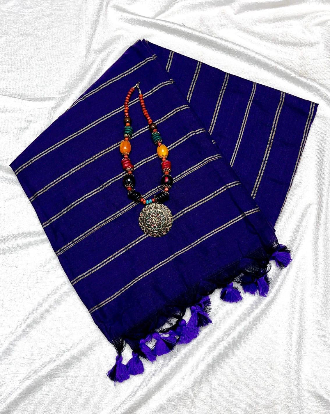 PREMIUM DUAL STRIPE KHADI COTTON SAREES - NAVY BLUE
