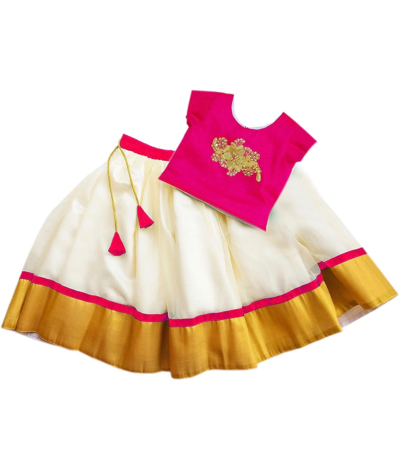 GIRLS COTTON SILK READYMADE LEHENGA CHOLI SET - RANI PINK & CREAM