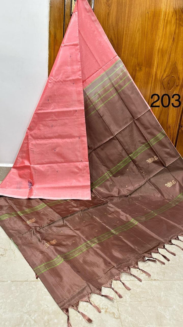 HANDLOOM BANANA PITH SILK SAREE - BROWN & PINK