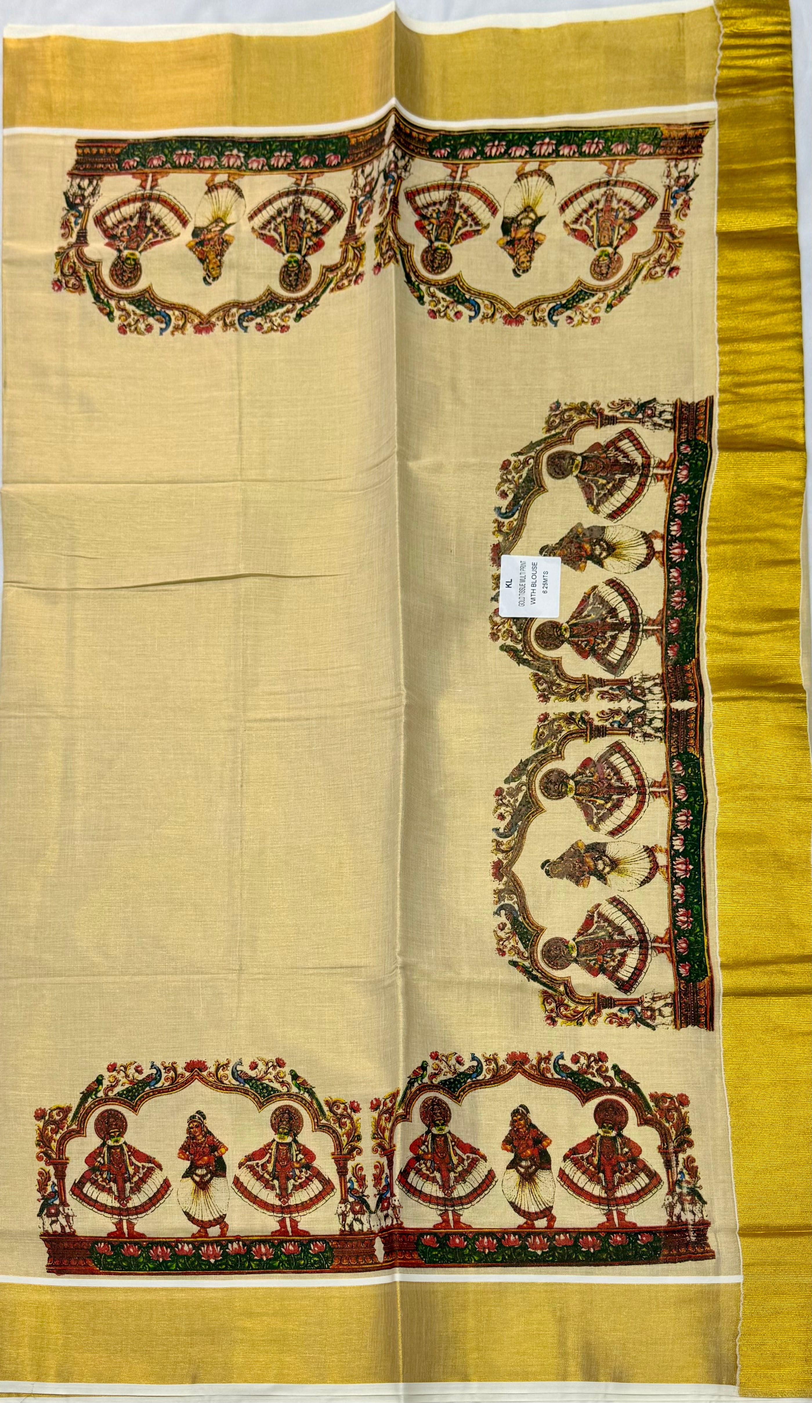 MURAL ART KASAVU TISSUE KERALA SAREE (GOLD,CREAM)