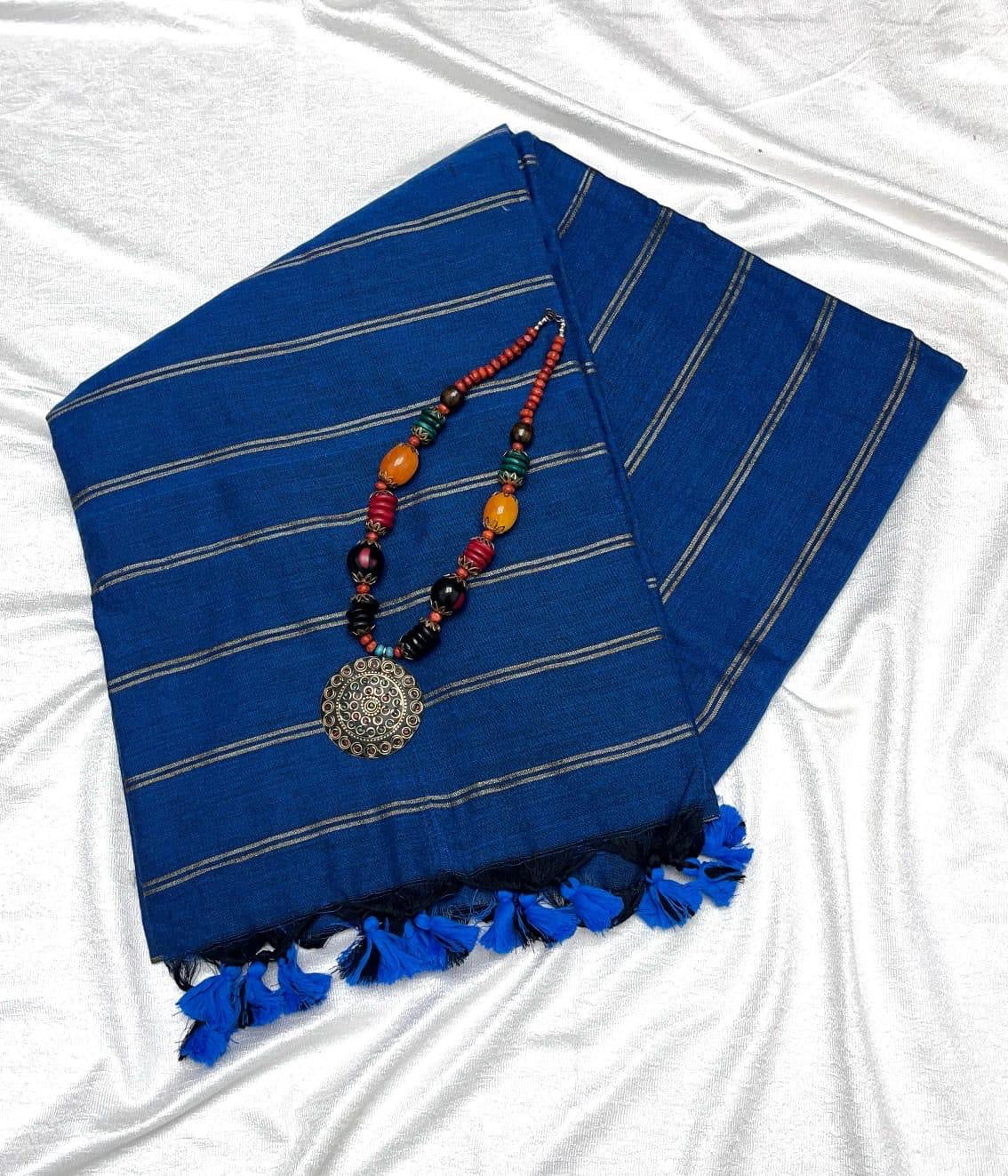 PREMIUM DUAL STRIPE KHADI COTTON SAREES - TEAL BLUE