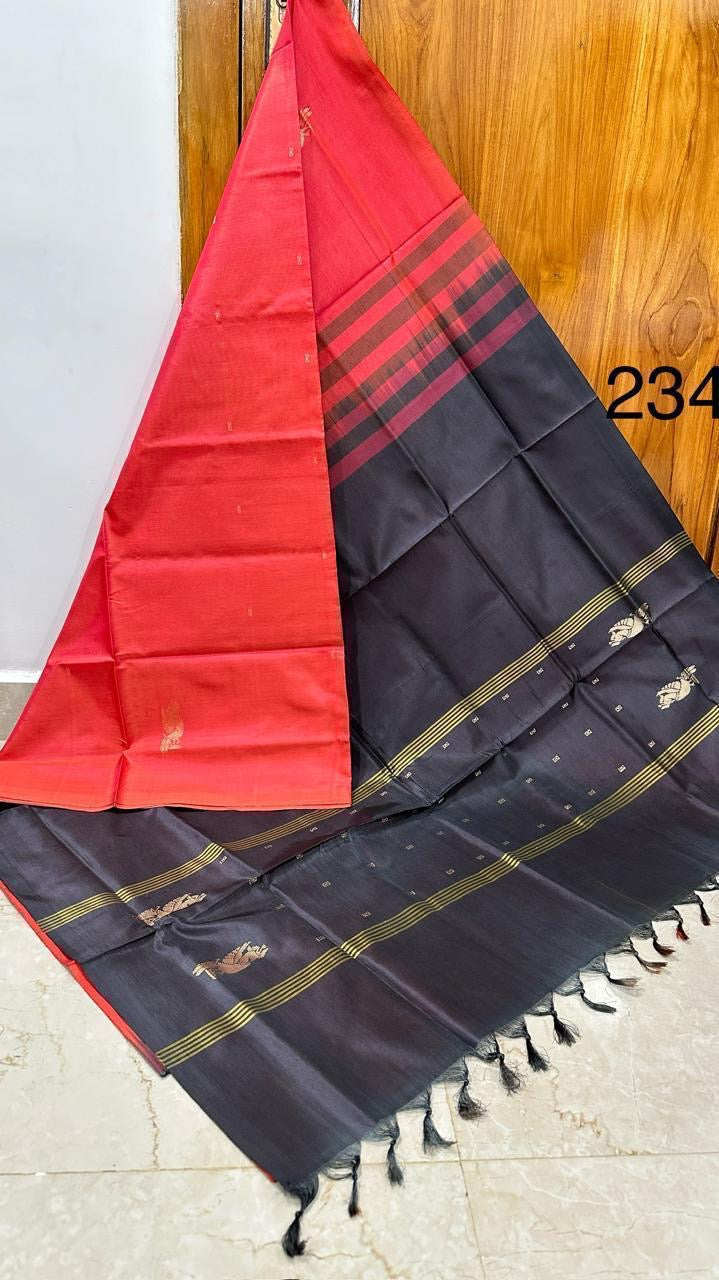 HANDLOOM BANANA PITH SILK SAREE - BLACK & RED