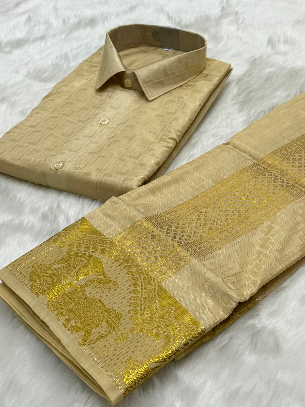 MEDIUM GOLD COLOURED SEMI SILK WEDDING SHIRT, DHOTI, FEATURING A GOLD ZARI BORDER - VELCRO