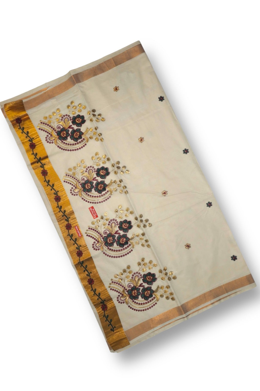 KASAVU COTTON FLORAL EMBROIDERY SAREE (BEIGE,GOLD)