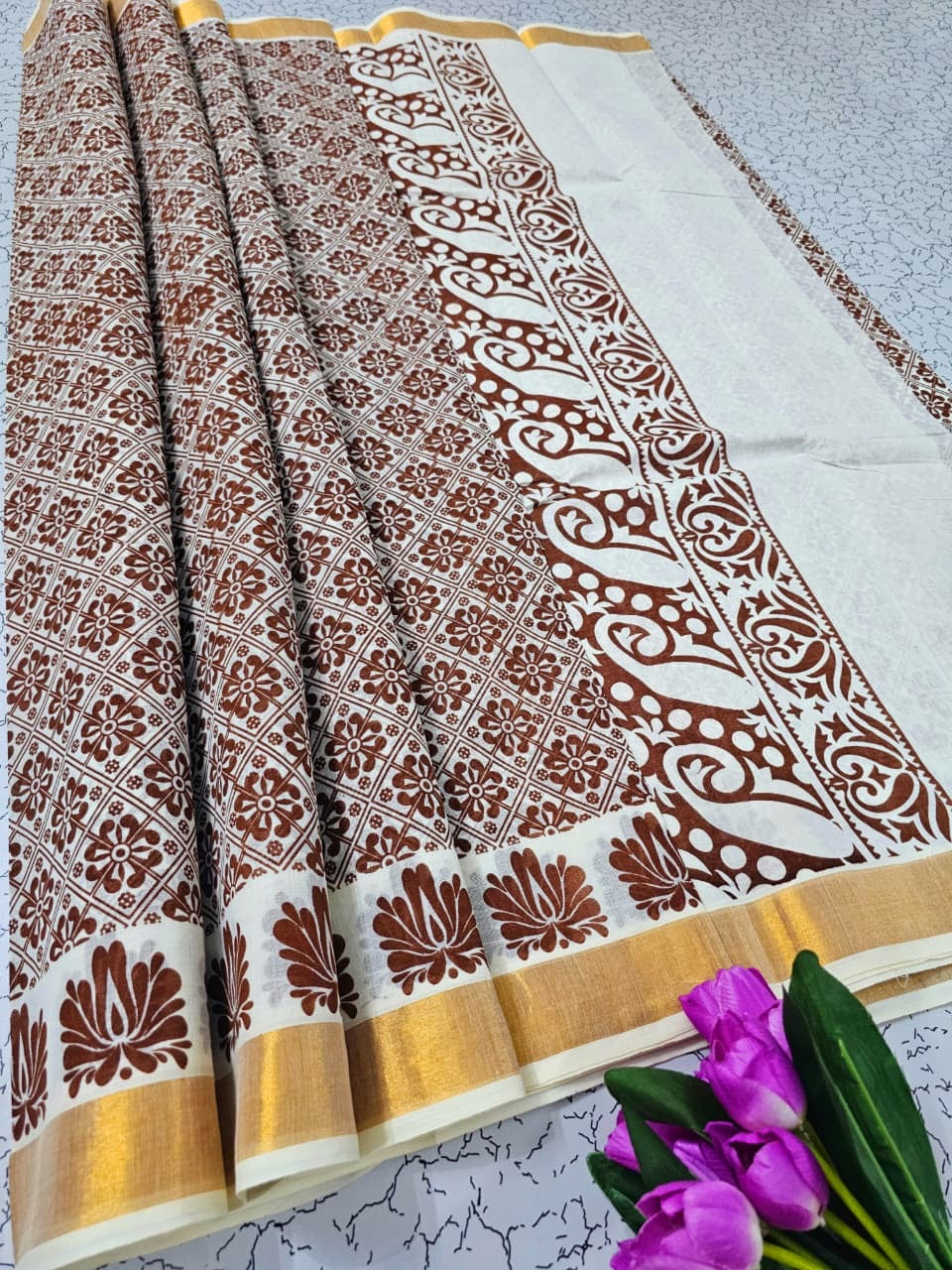 PRINTED WORK KERALA COTTON SAREES