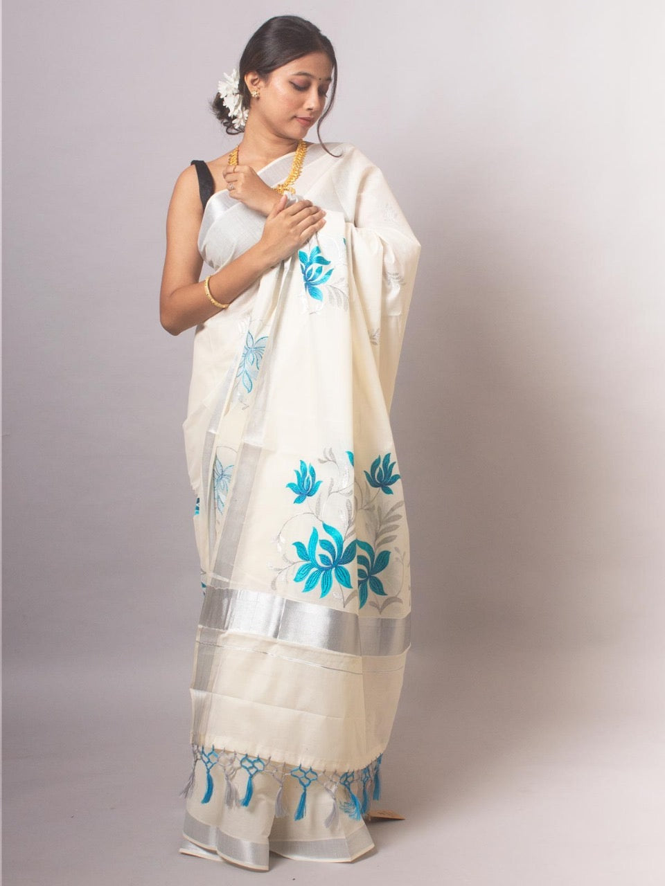 KERALA KASAVU EMBROIDERY COTTON SAREE (SILVER,TEAL)