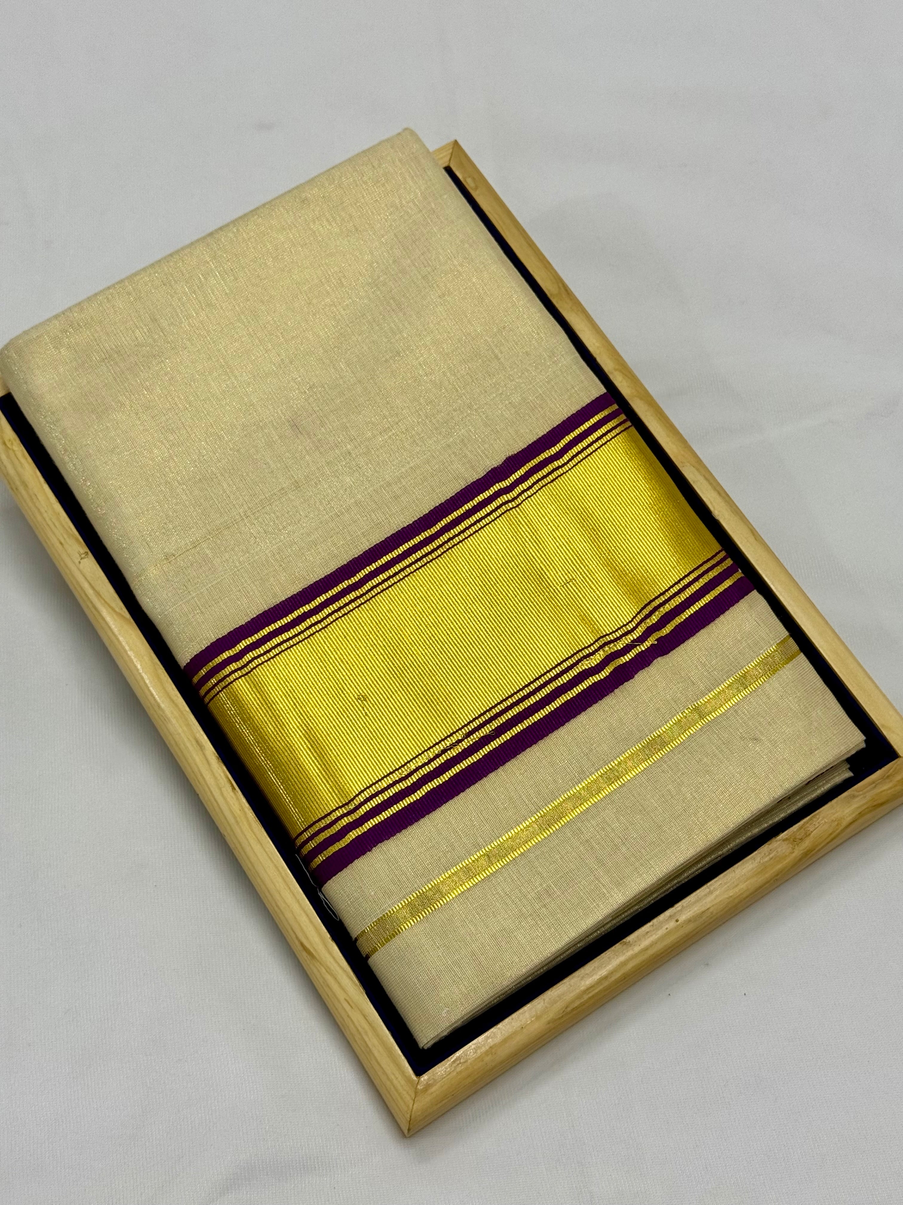TRADITIONAL KERALA KASAVU TISSUE SAREE - (CREAM,GOLD,WINE)