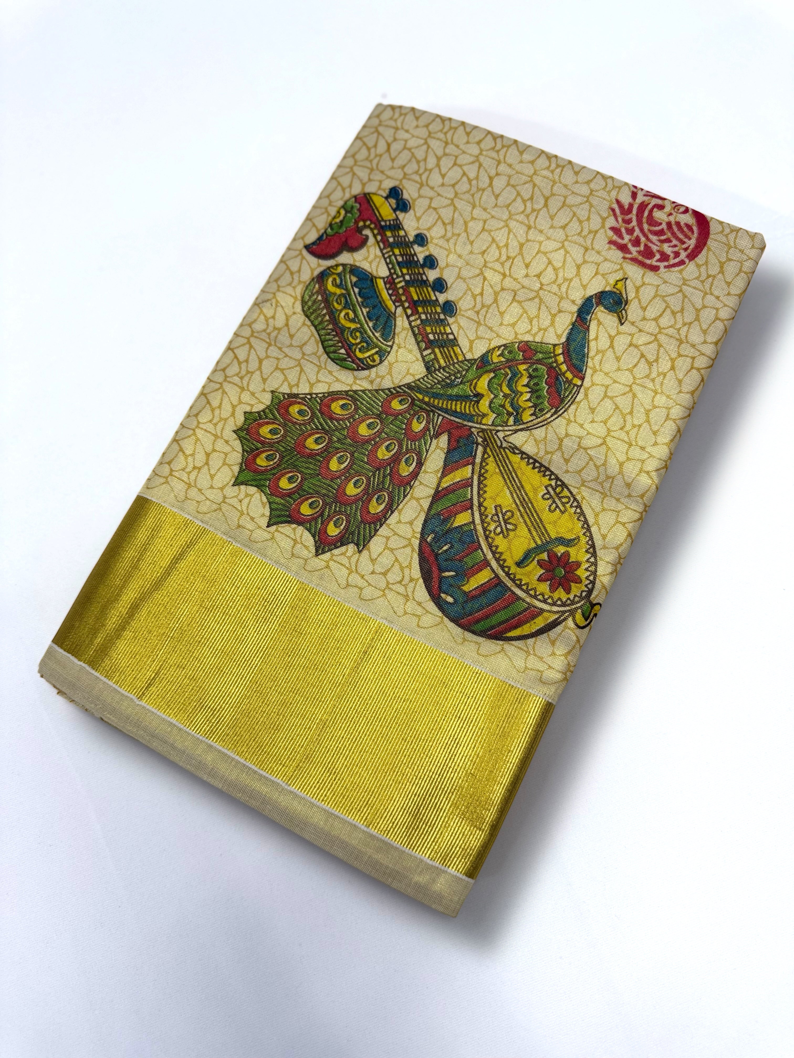 MURAL PAINTED/PRINTED KASAVU TISSUE SAREE (GOLD)