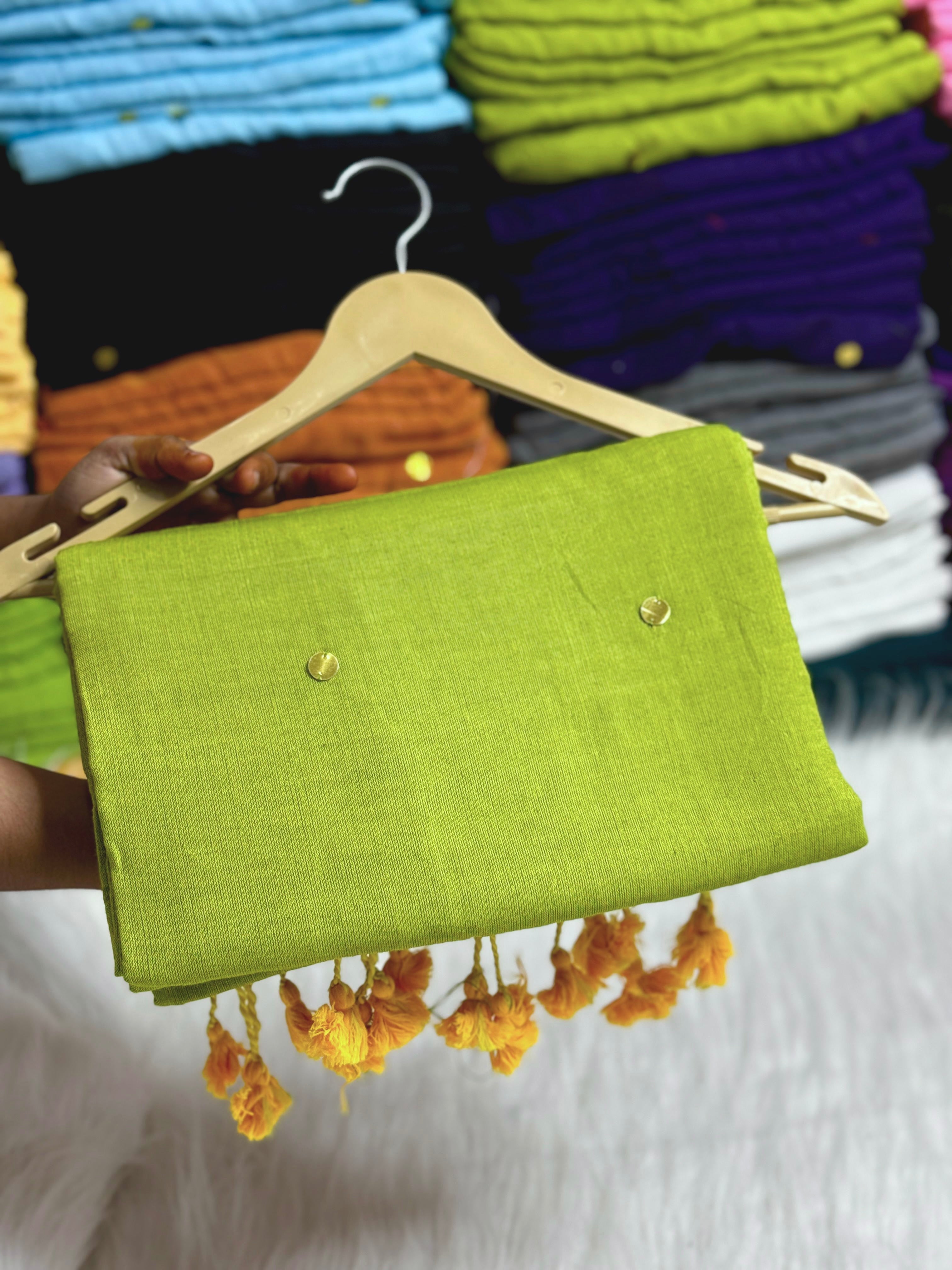 PURE KHADI MIRROR WORK COTTON SAREES - OLIVE GREEN