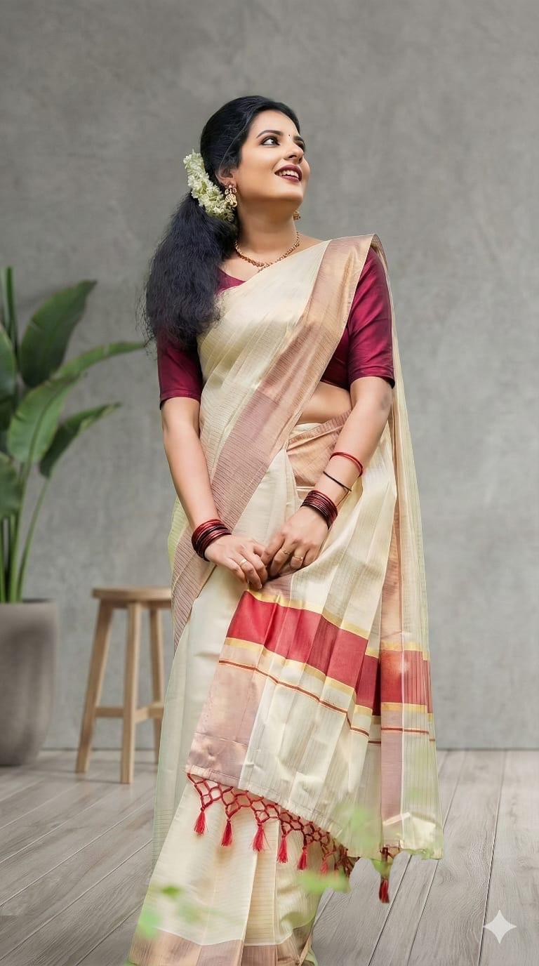 PREMIUM TISSUE GOLD AND MAROON KASAVU SAREE