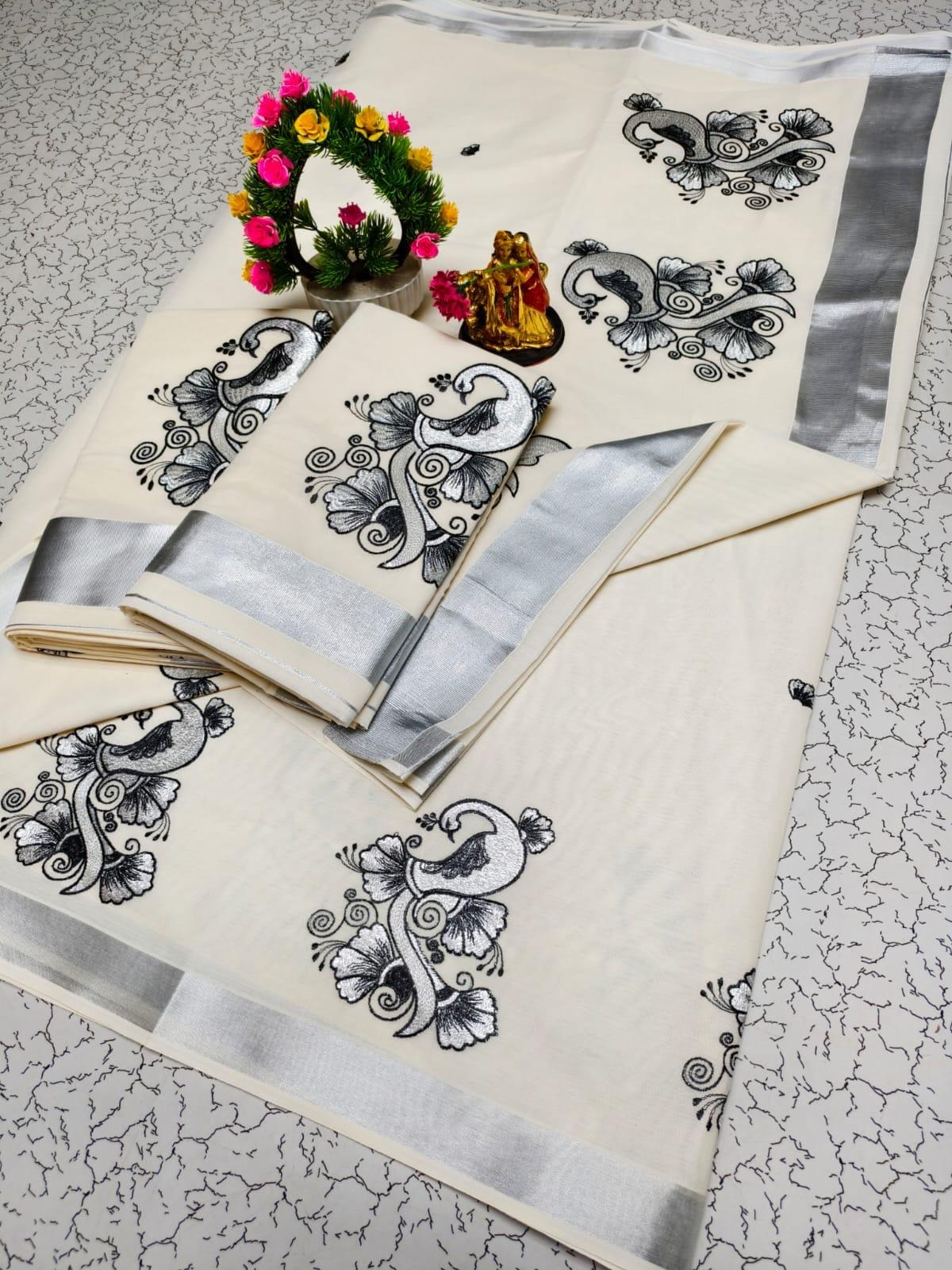 EMBROIDERED KERALA KASAVU COTTON SAREE(SILVER)