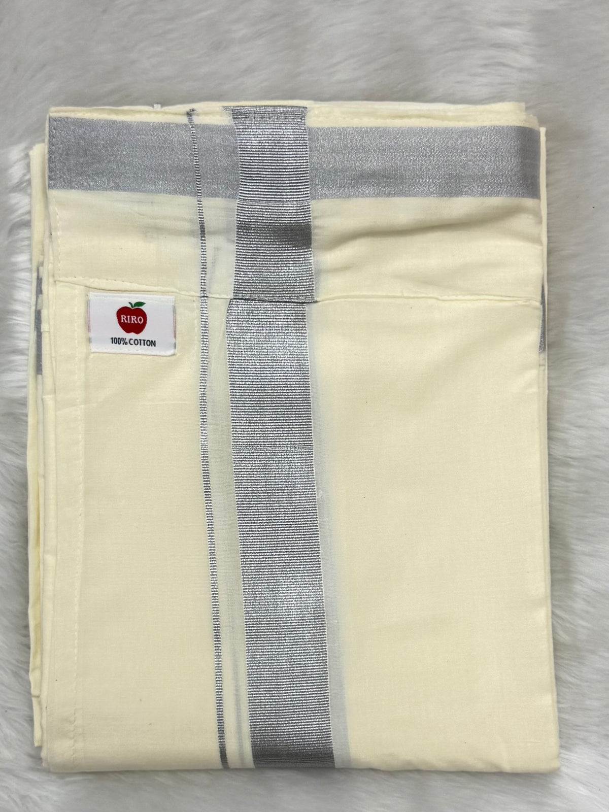 MEN'S CREAM DOUBLE DHOTI WITH SILVER ZARI BORDER 1.5'' - VELCRO