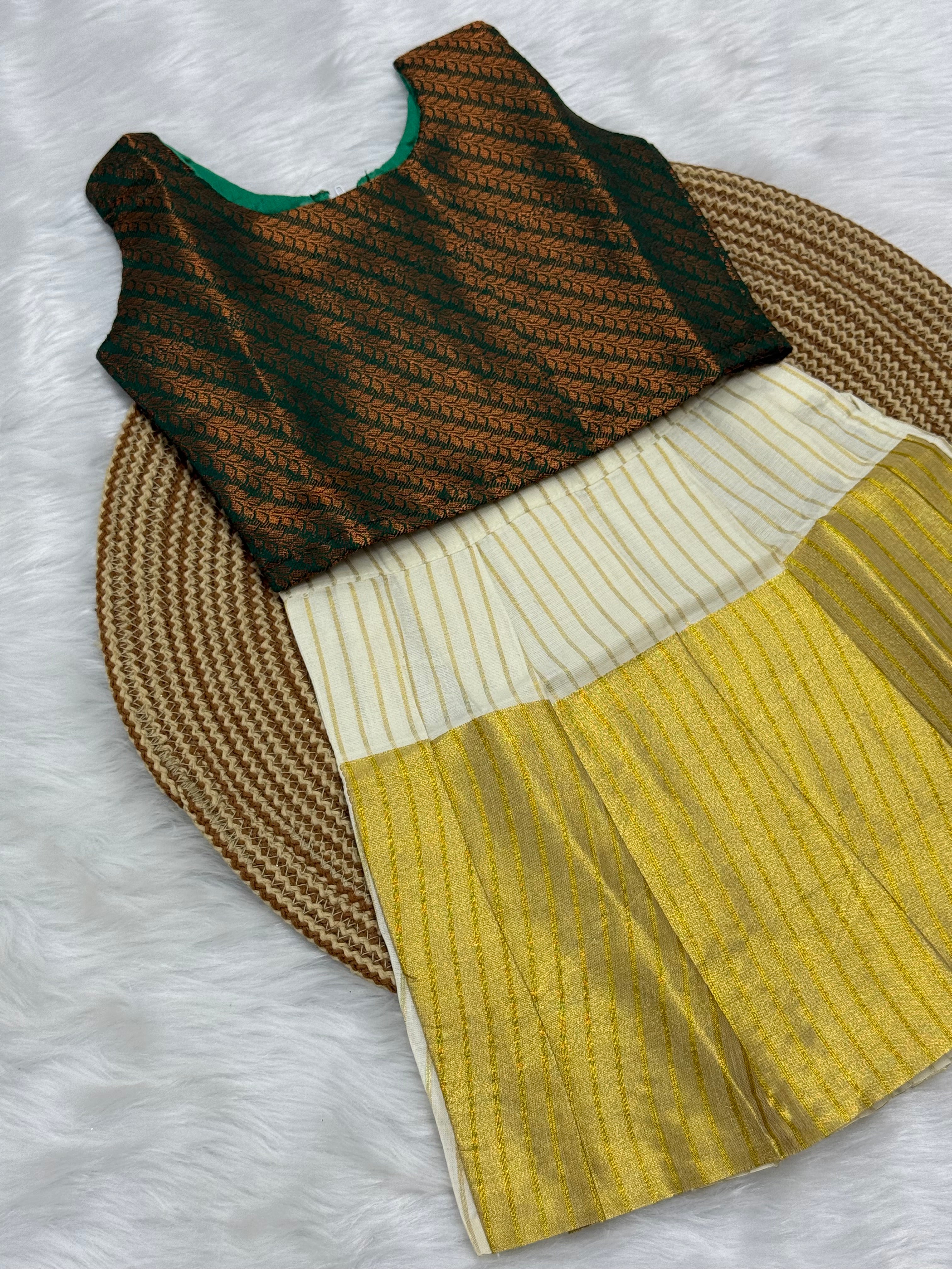 GIRL BABY SILK TOP & KASAVU SKIRT - GREEN & CREAM