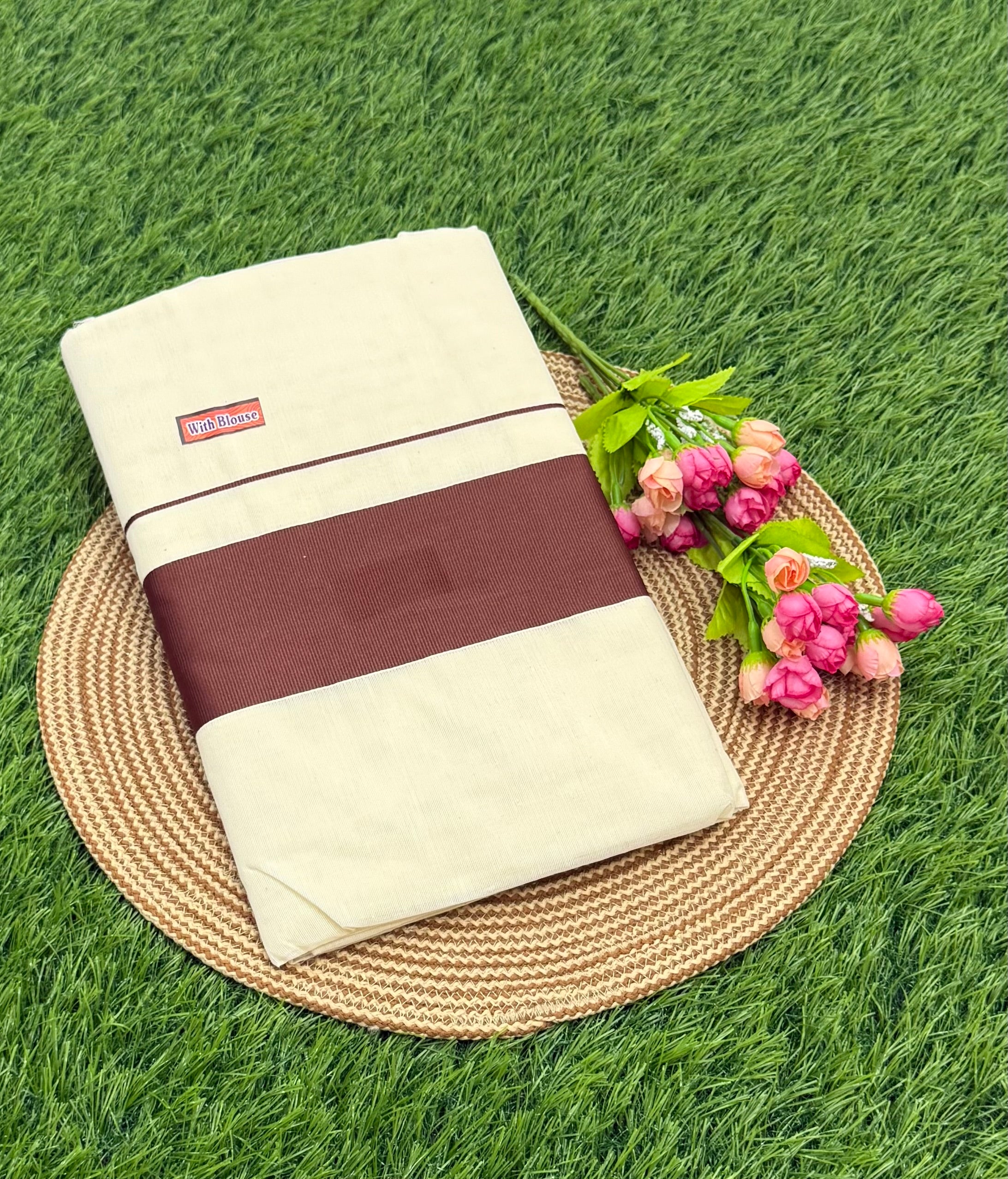 KASAVU COTTON OFF WHITE SAREE - BROWN