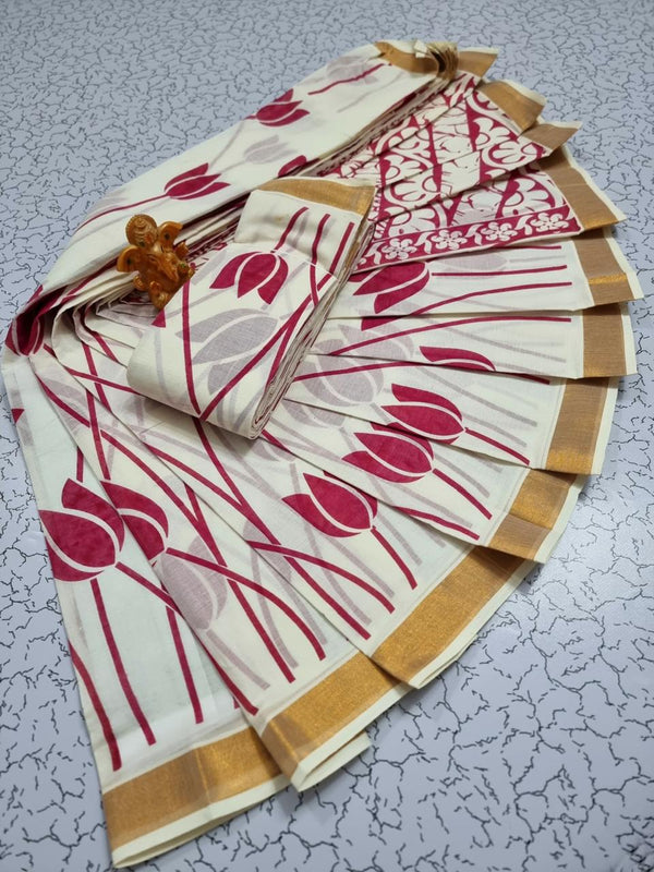 PRINTED WORK KERALA COTTON SAREES