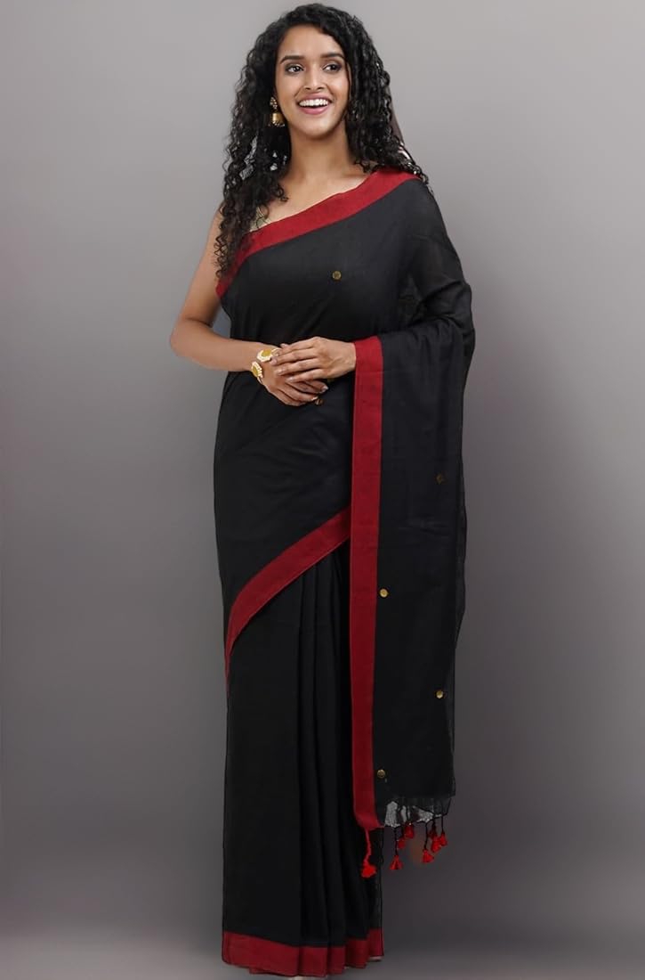 HANDLOOM PURE COTTON MIRROR WORK SAREE - BLACK