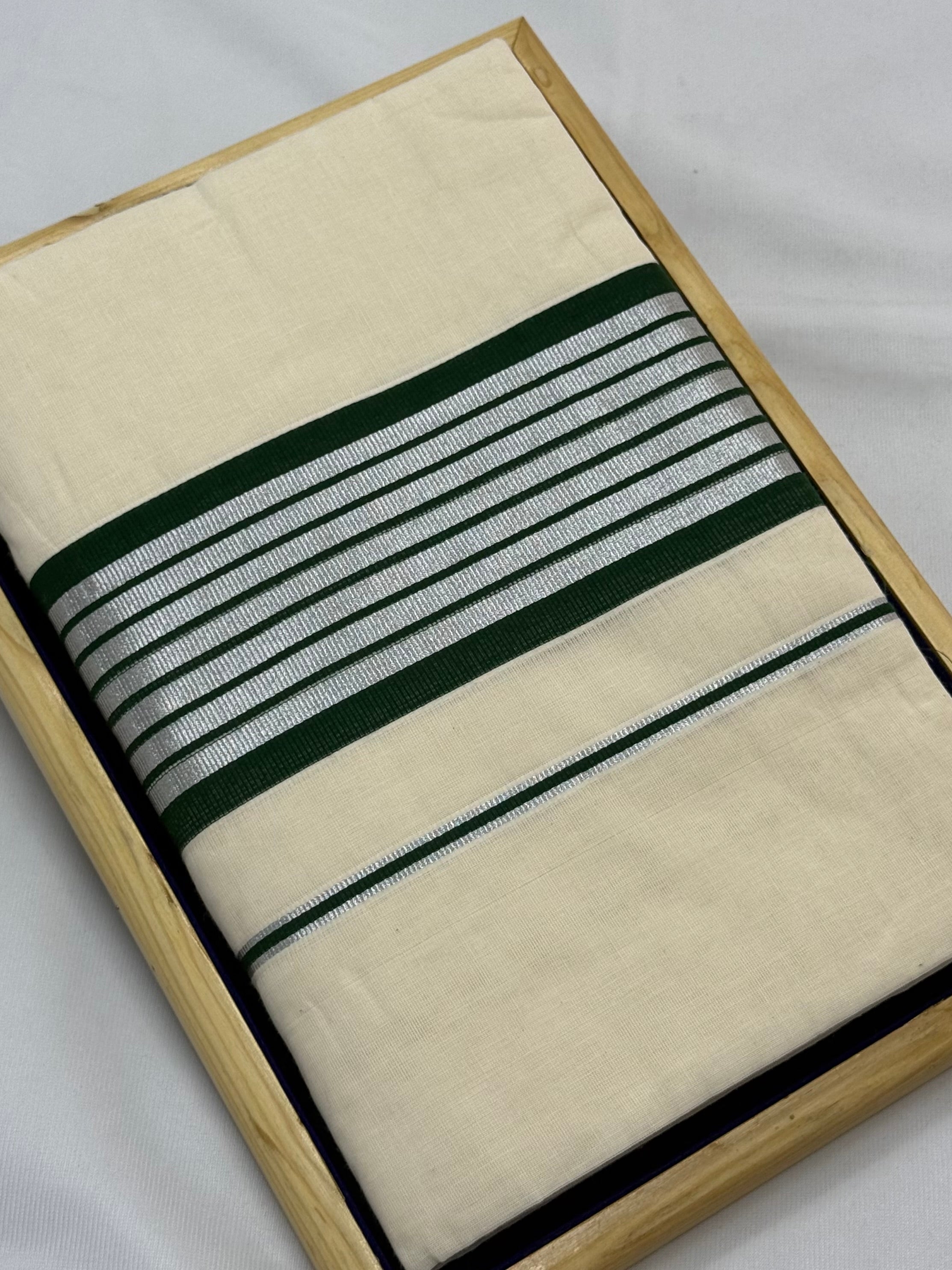 KERALA STRIPES KASAVU COTTON SAREE - (SILVER,GREEN,OFF WHITE)