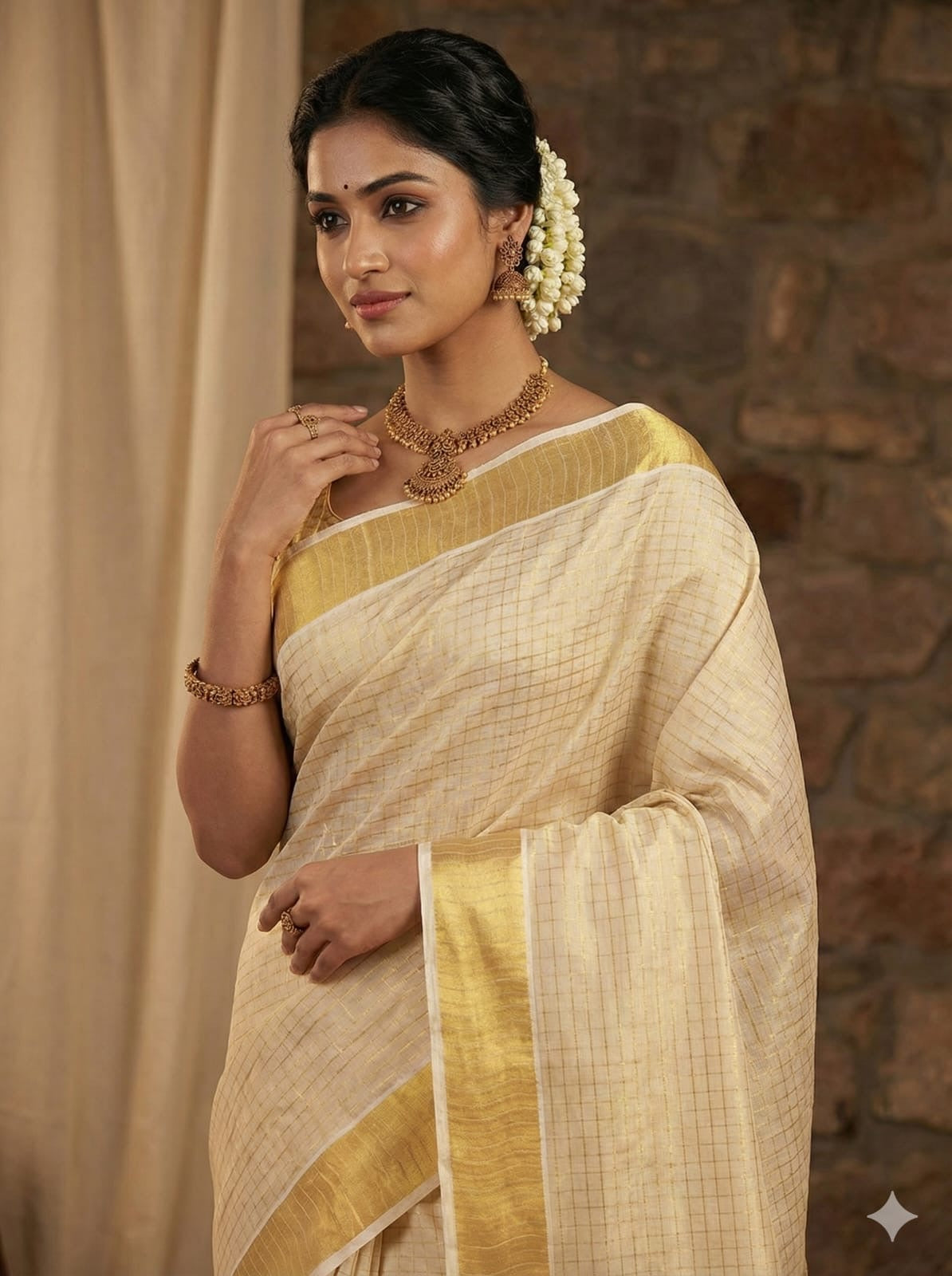 PREMIUM CHECKS TISSUE KASAVU KERALA SAREE - GOLD