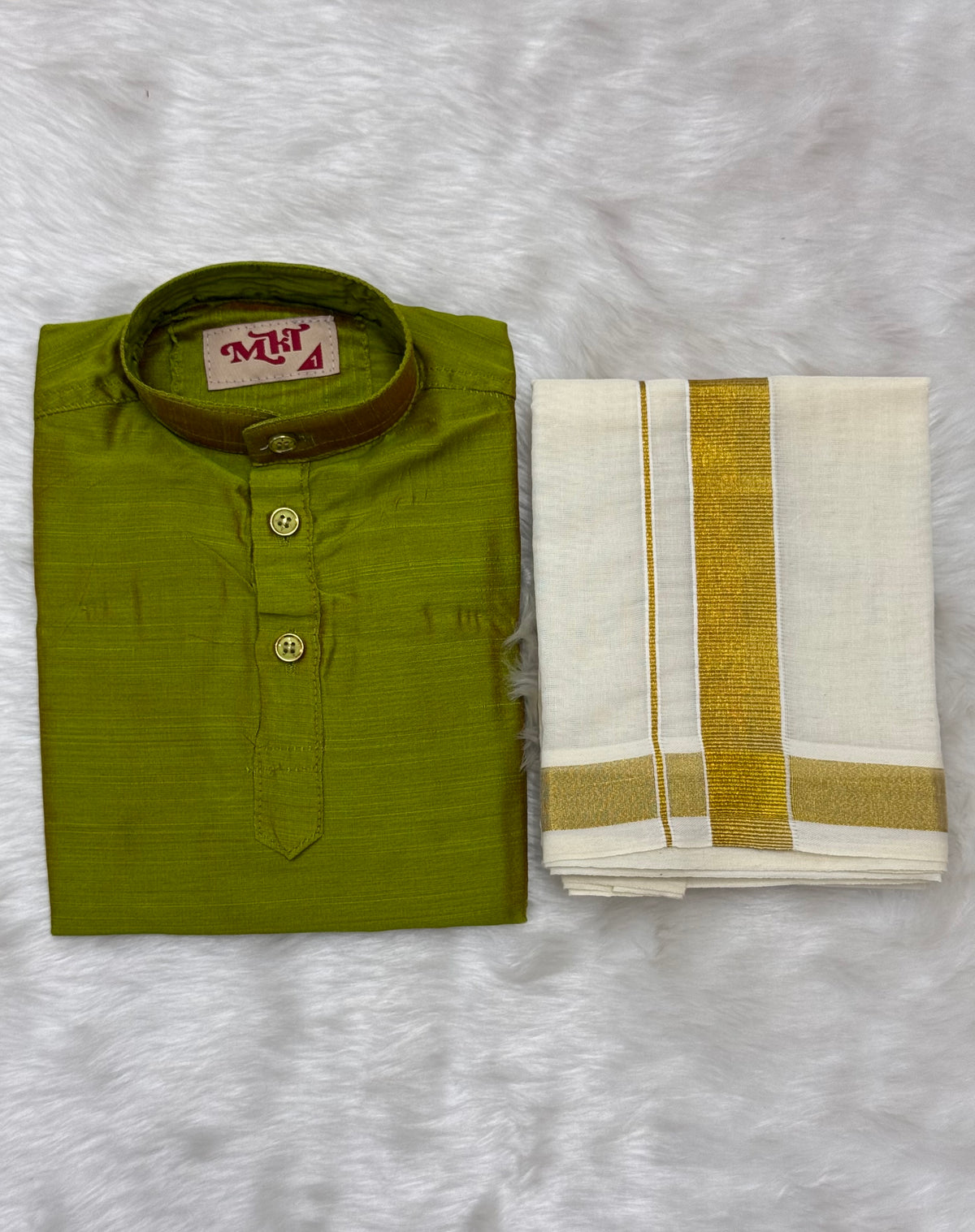 KIDS BOYS VELCRO DHOTI & KURTA COMBO SET - OLIVE GREEN