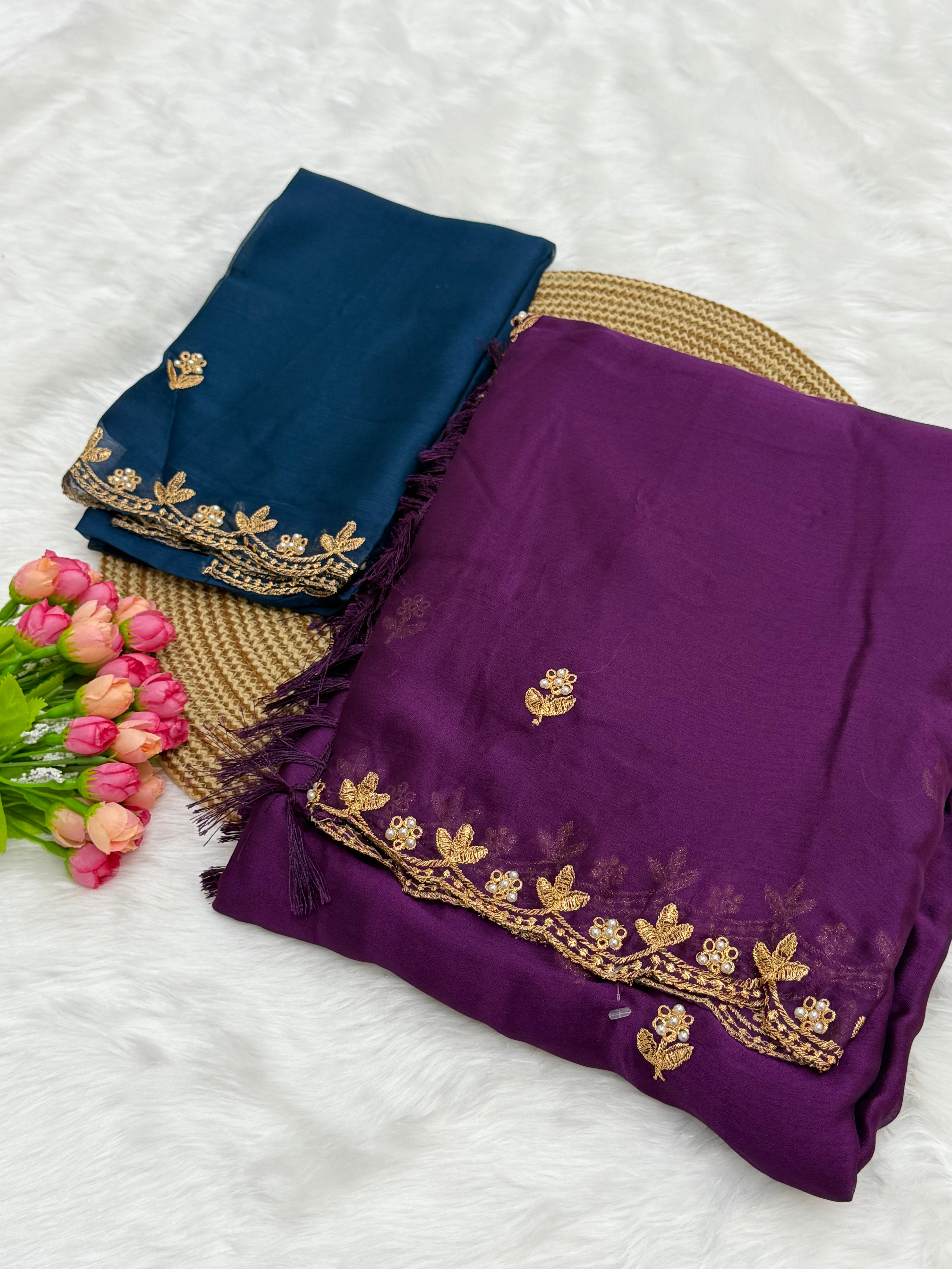 DESIGNER GEORGETTE SAREE WITH  A BLOUSE PIECE - EGGPALNT