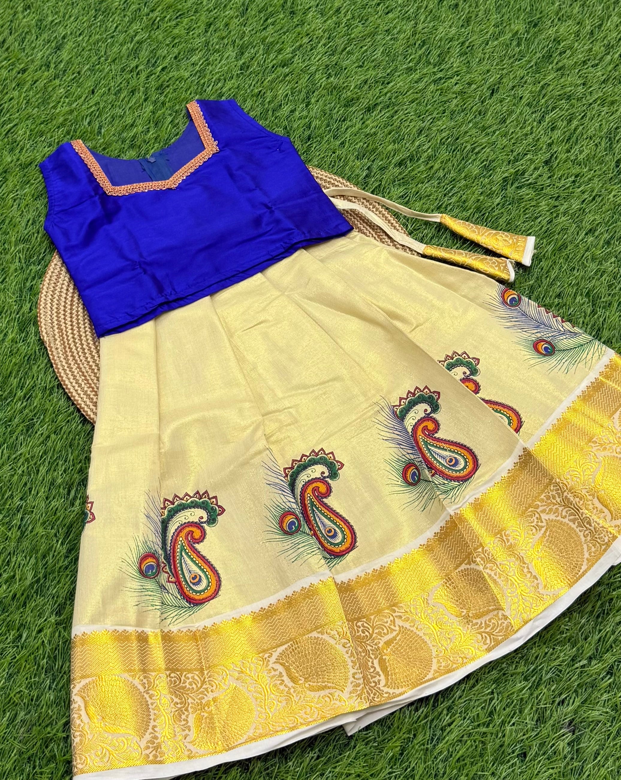 KIDS GIRL'S PATTU PAVADAI -  CREAM & BLUE