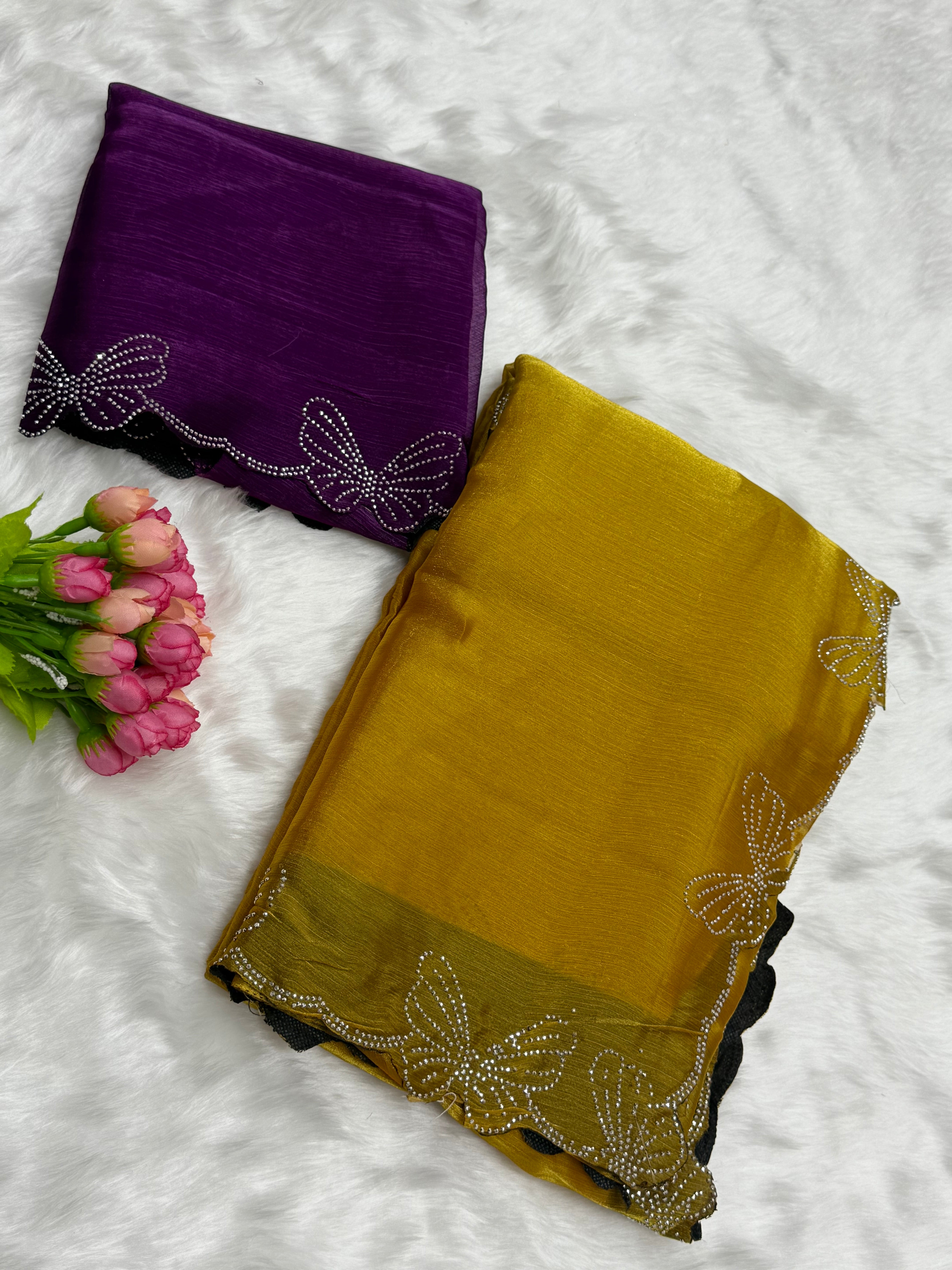 SPACE SILK BUTTERFLY DIAMOND WORK DESIGNER SAREE - AMBER