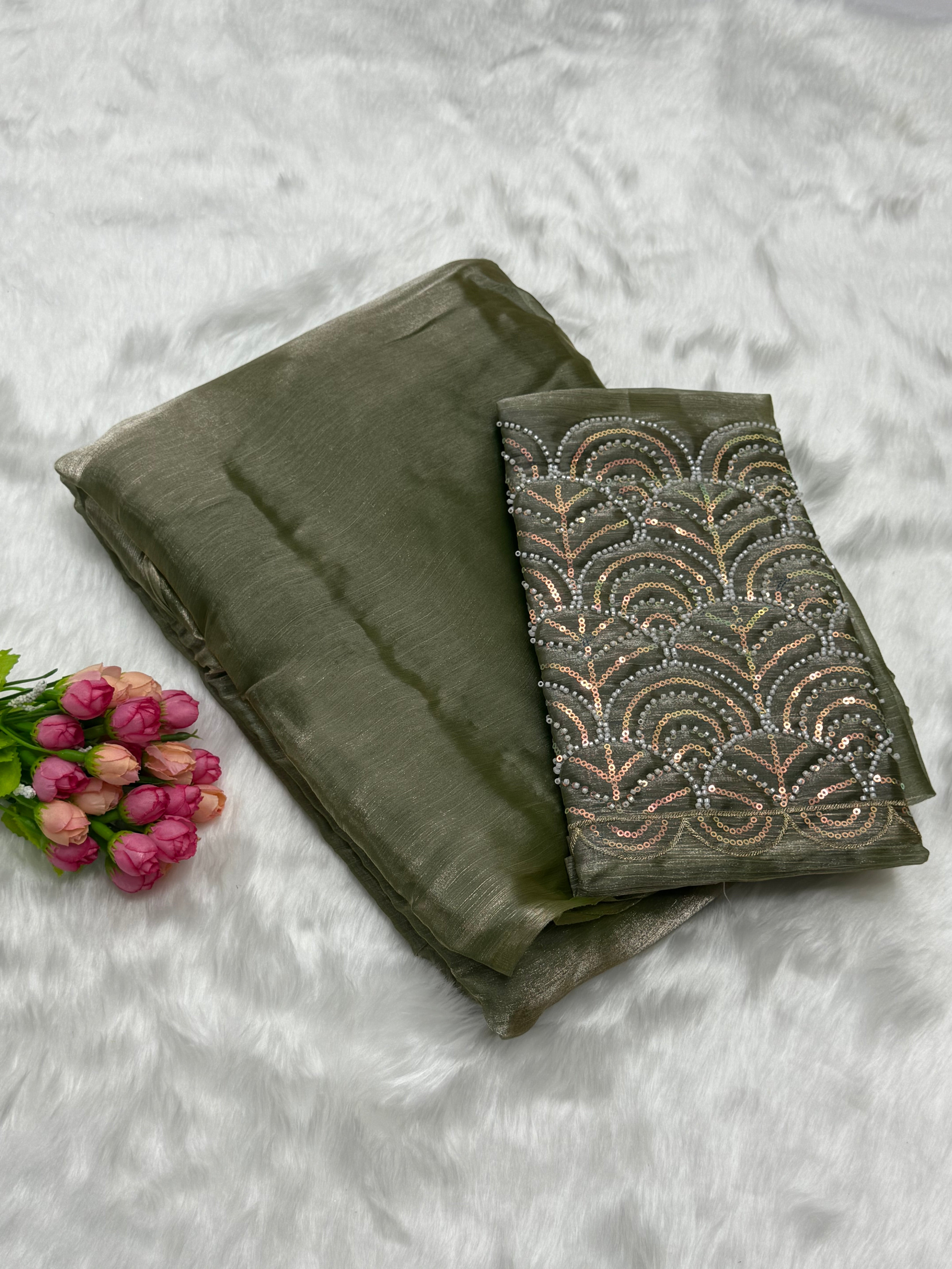 PREMIUM SPACE SILK SAREE WITH A MATCHING BLOUSE PIECE - LAUREL GREEN