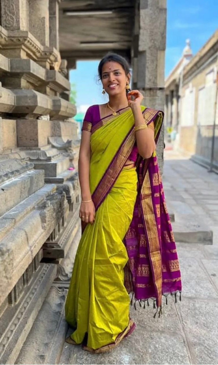 PREMIUM GADWAL/KALYANI COTTON SILK SAREES - CHARTREUSE GREEN