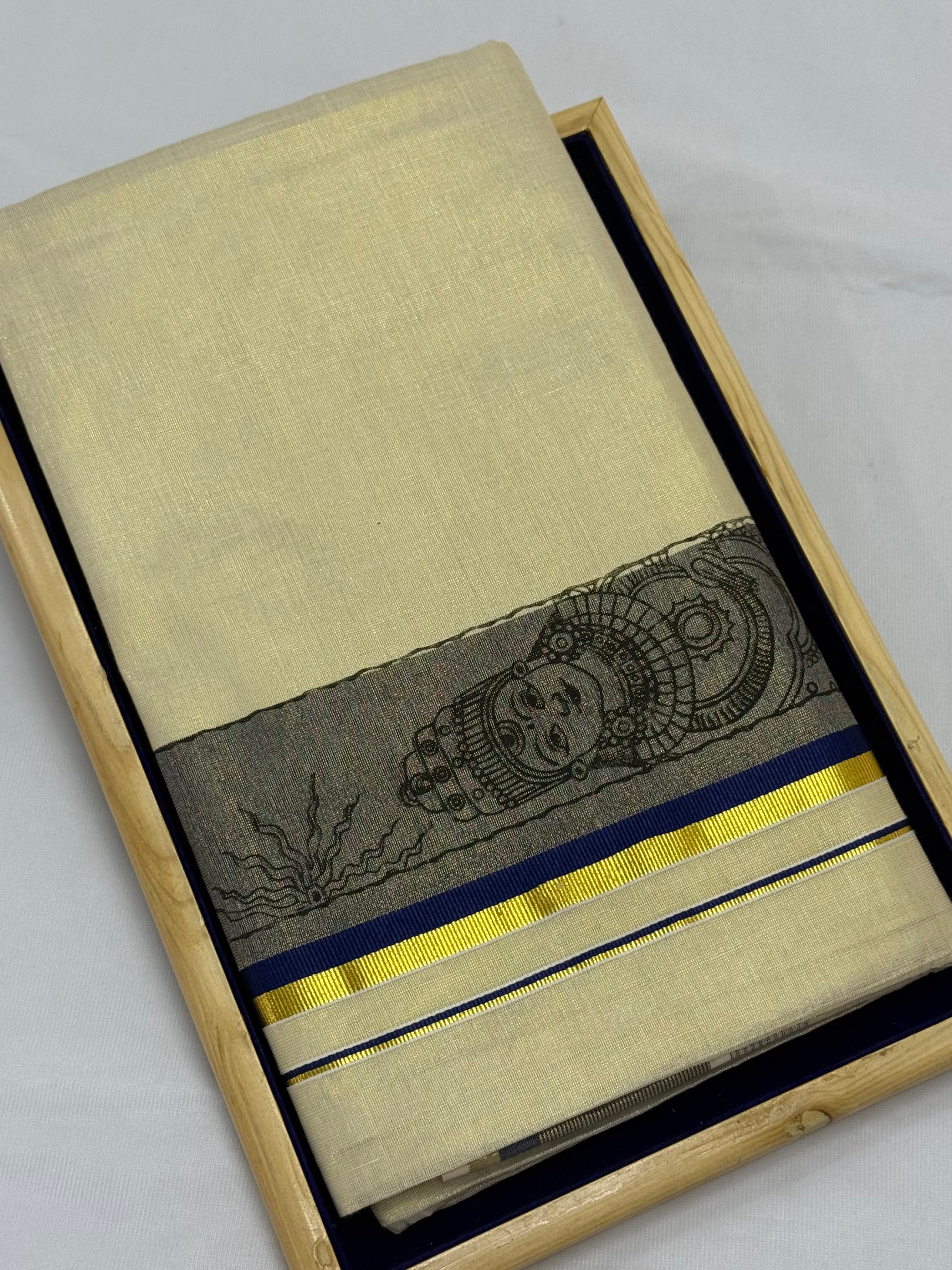 TRADITIONAL ART KASAVU TISSUE KERALA SAREE (GOLD,CREAM,BLUE)