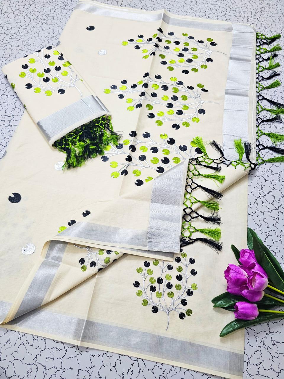 KERALA KASAVU EMBROIDERED COTTON SAREE - SILVER