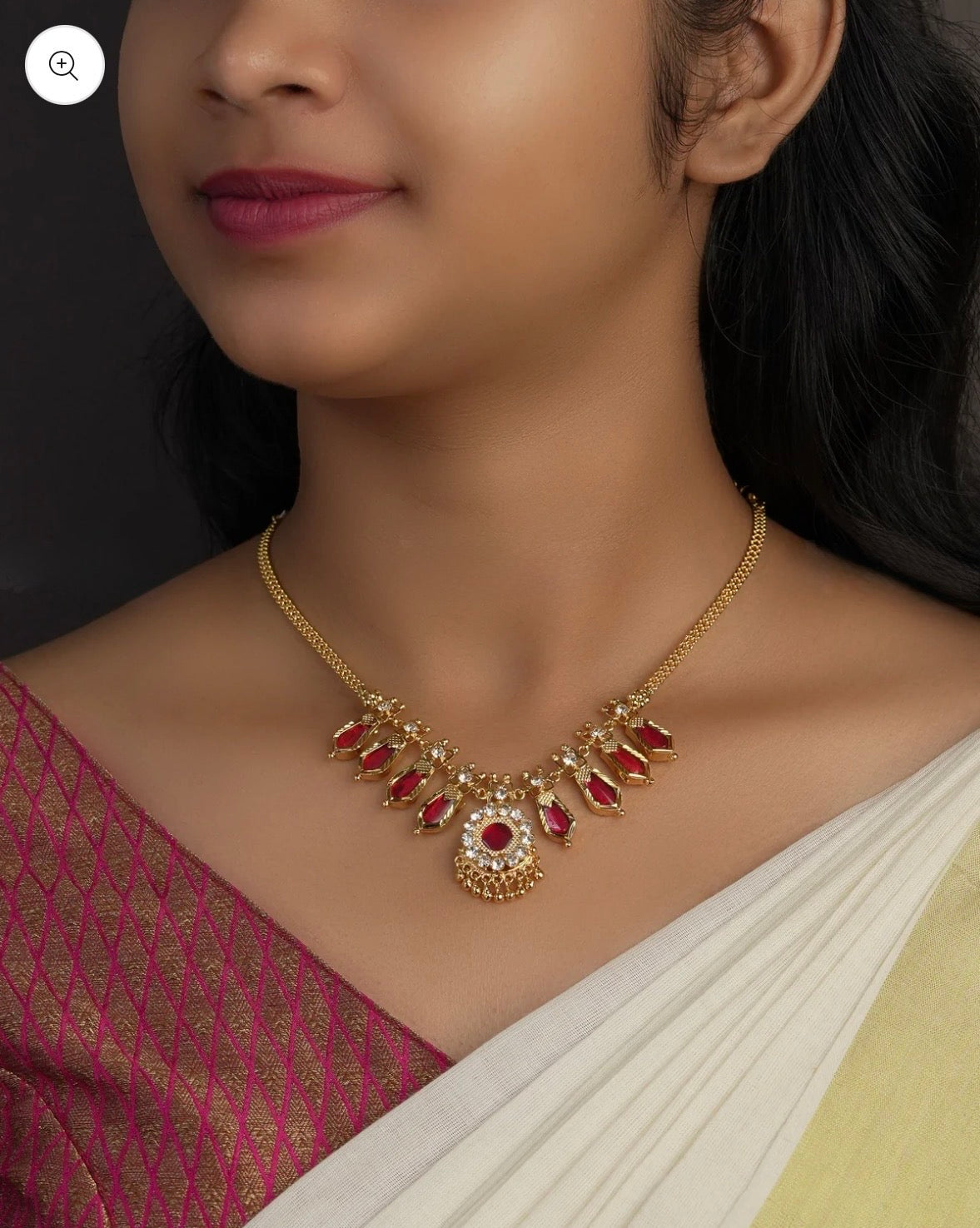 GOLD TONED TRADITIONAL 4+4 NAGAPADAM NECKLACE - RED