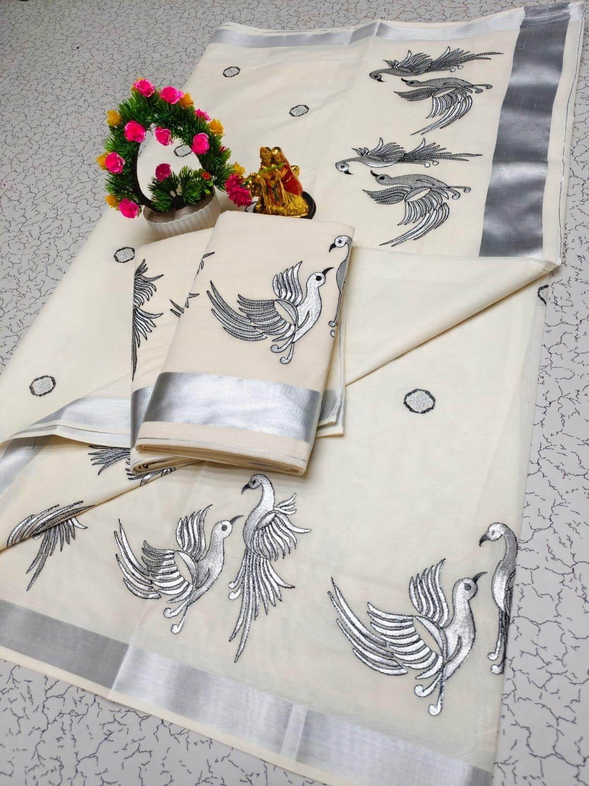 KERALA KASAVU EMBROIDERED COTTON SAREE (SILVER,BLACK)