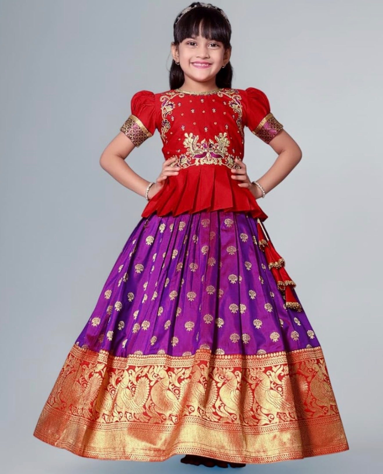 GIRLS SILK BLEND READYMADE PATTU PAVADAI/LEHENGA CHOLI - RED & VIOLET